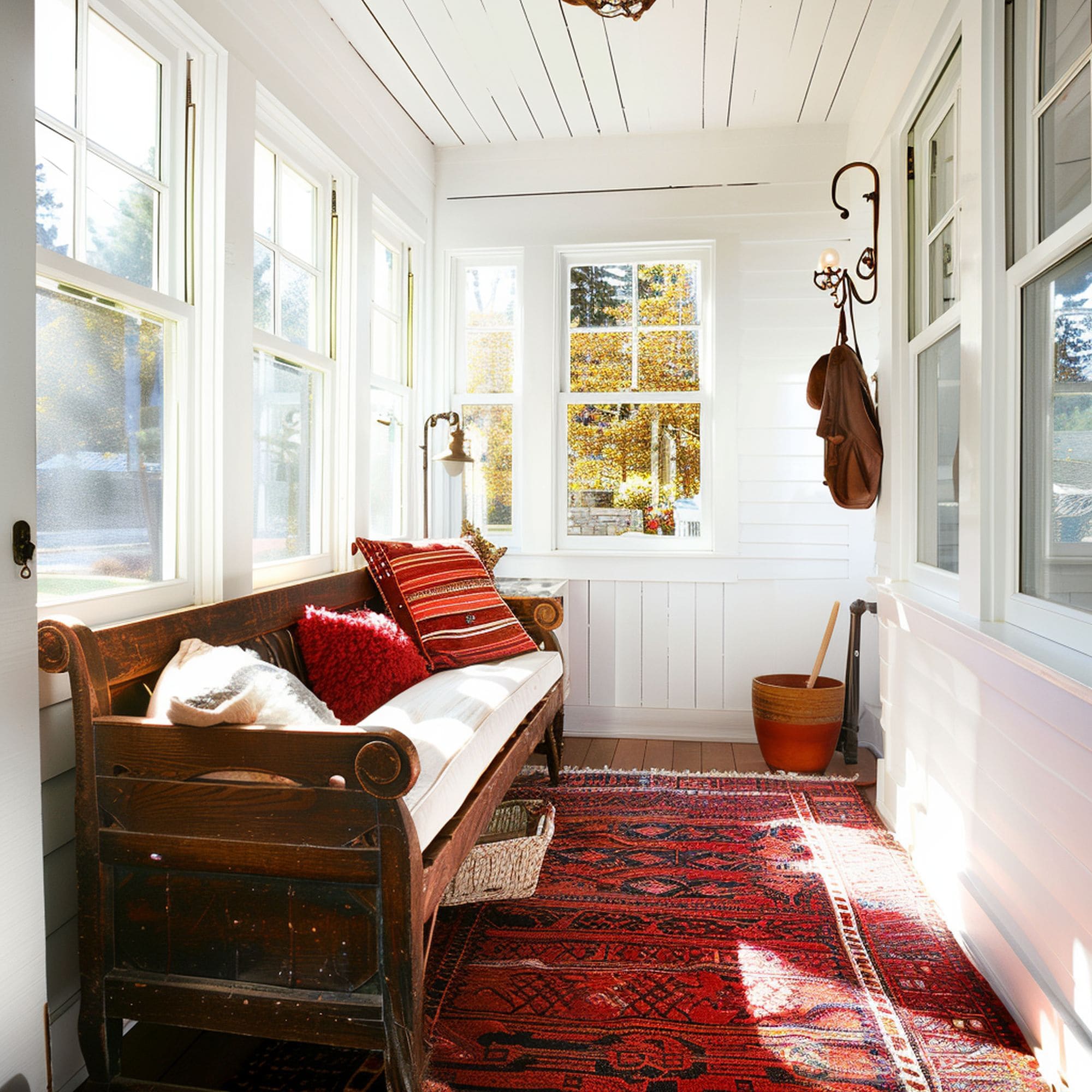 White Sunroom With Brown Bench and Red Rug