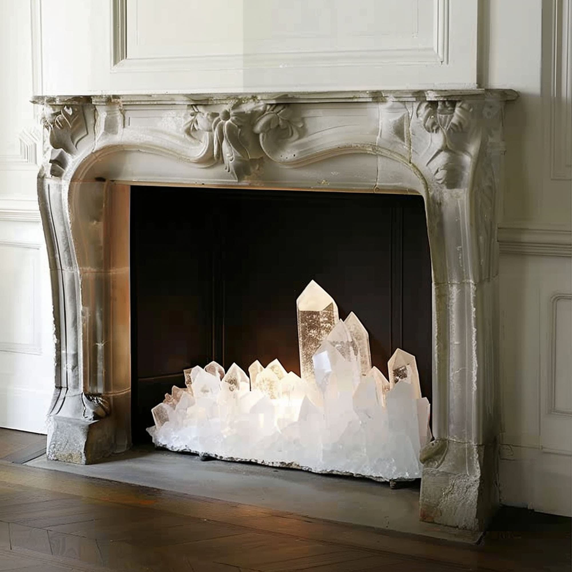 Decorative Crystal in Empty Fireplace