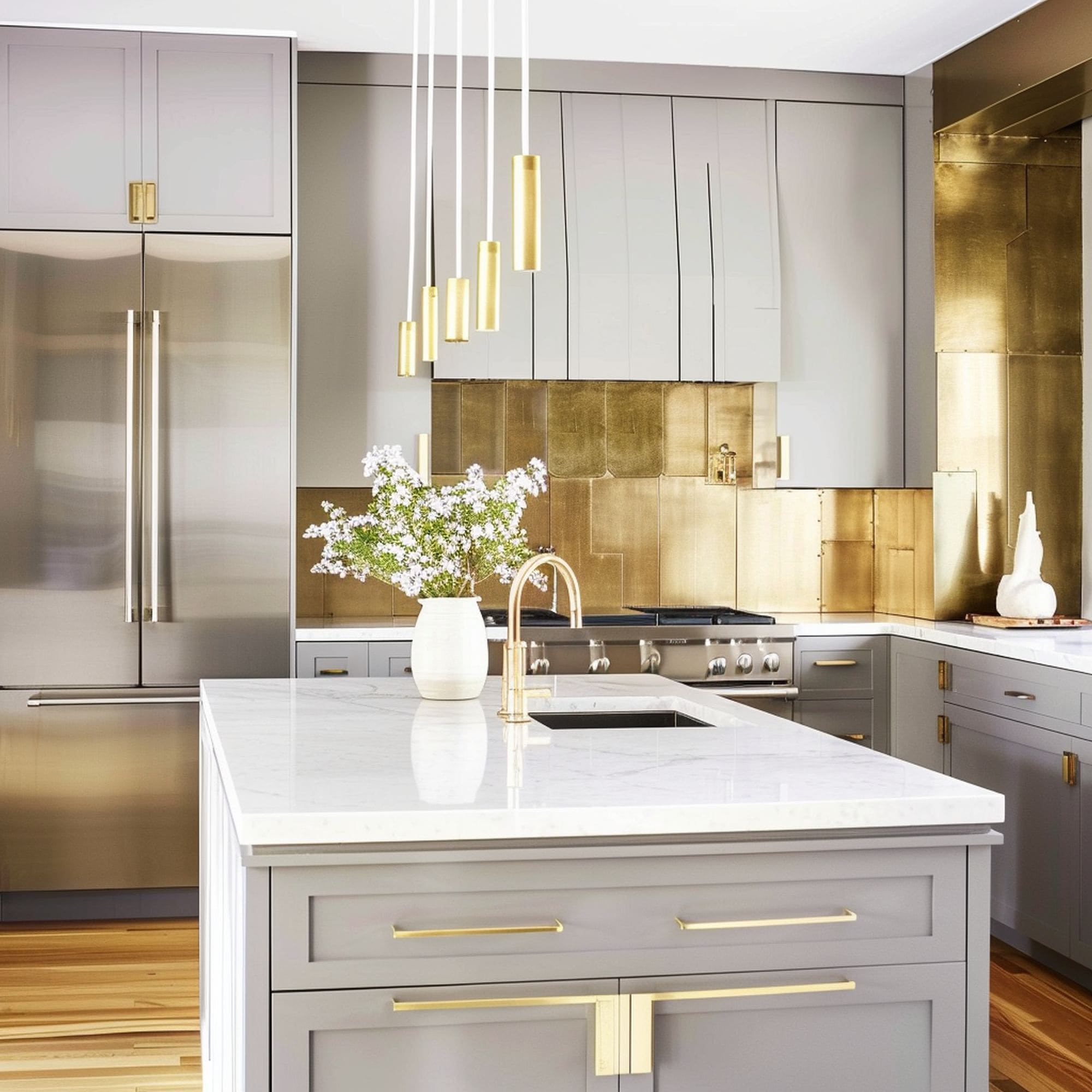Gray Kitchen With Brass Accents