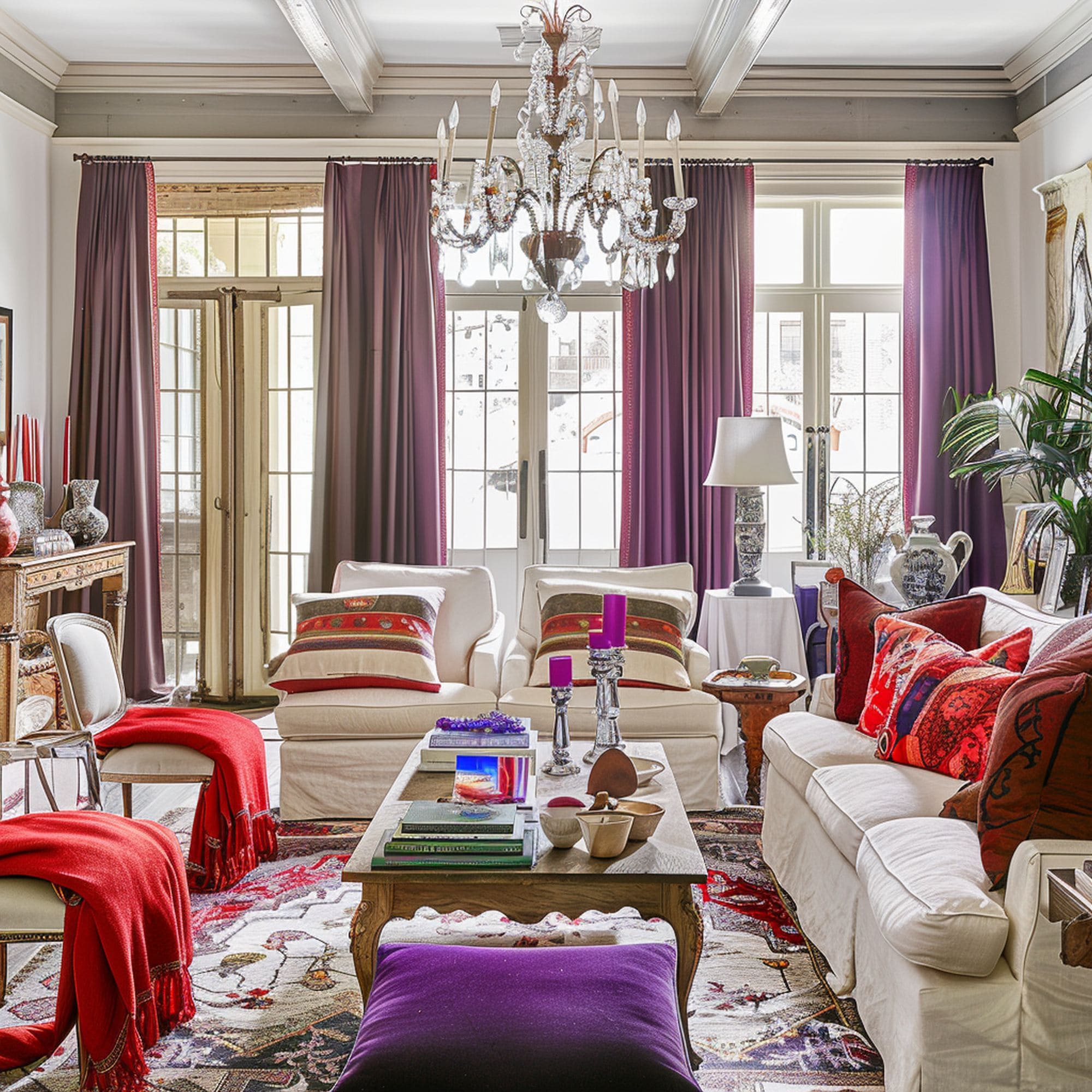 Neutral Living Room With Purple and Red Accents