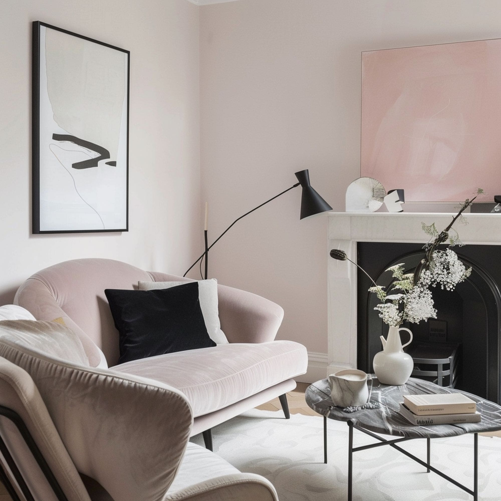 Pale Pink Living Room With Black Accents