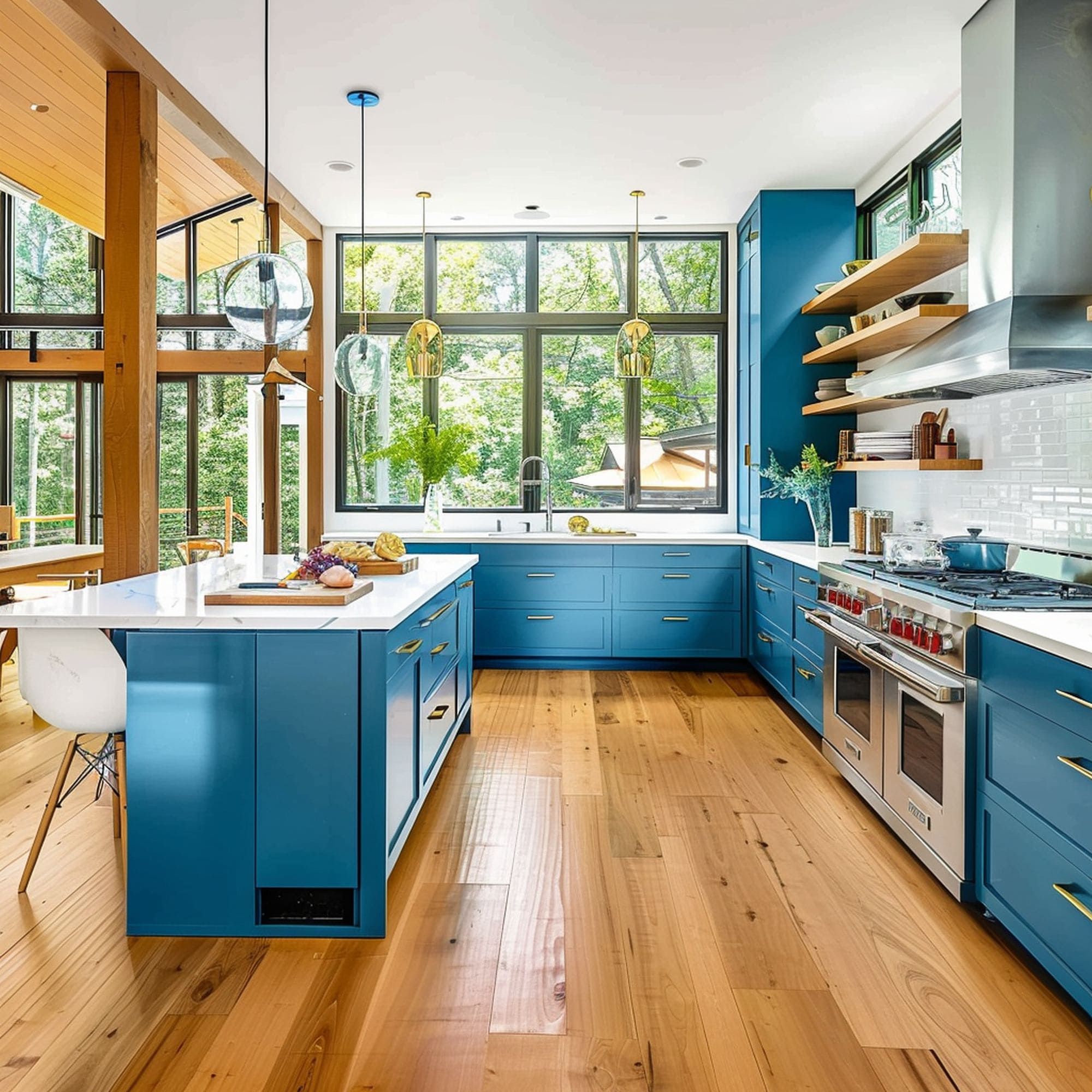 Blue Kitchen With Wood Floor