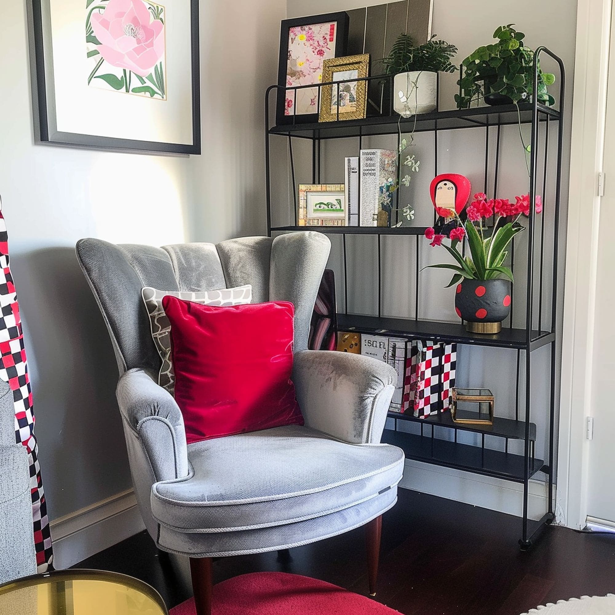 Gray Chair With Red Throw Pillow