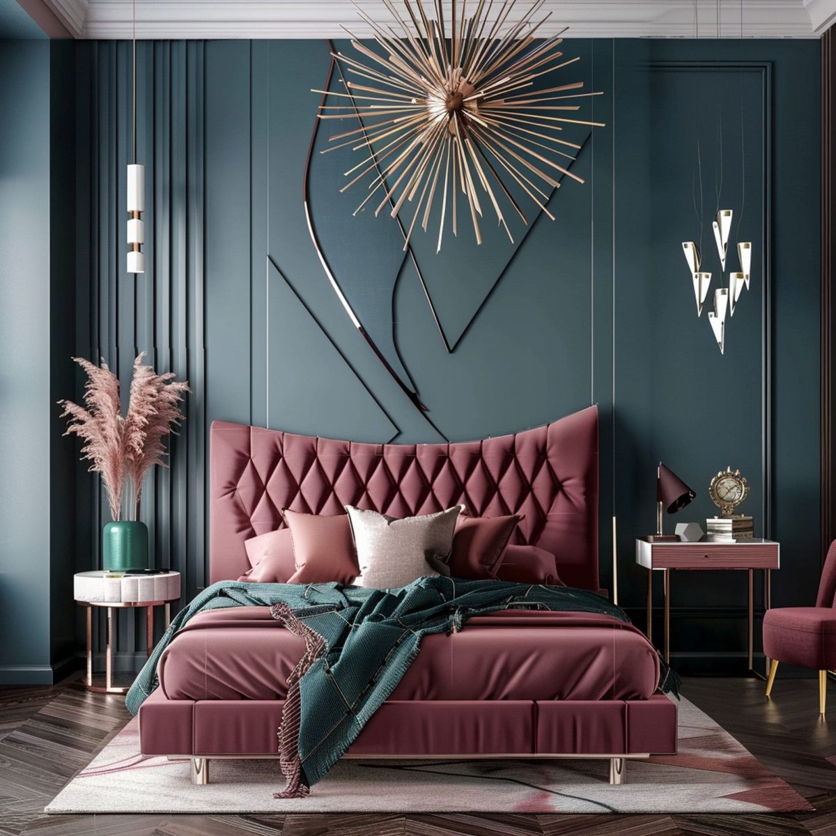 Elegant Dark Pink and Teal Bedroom