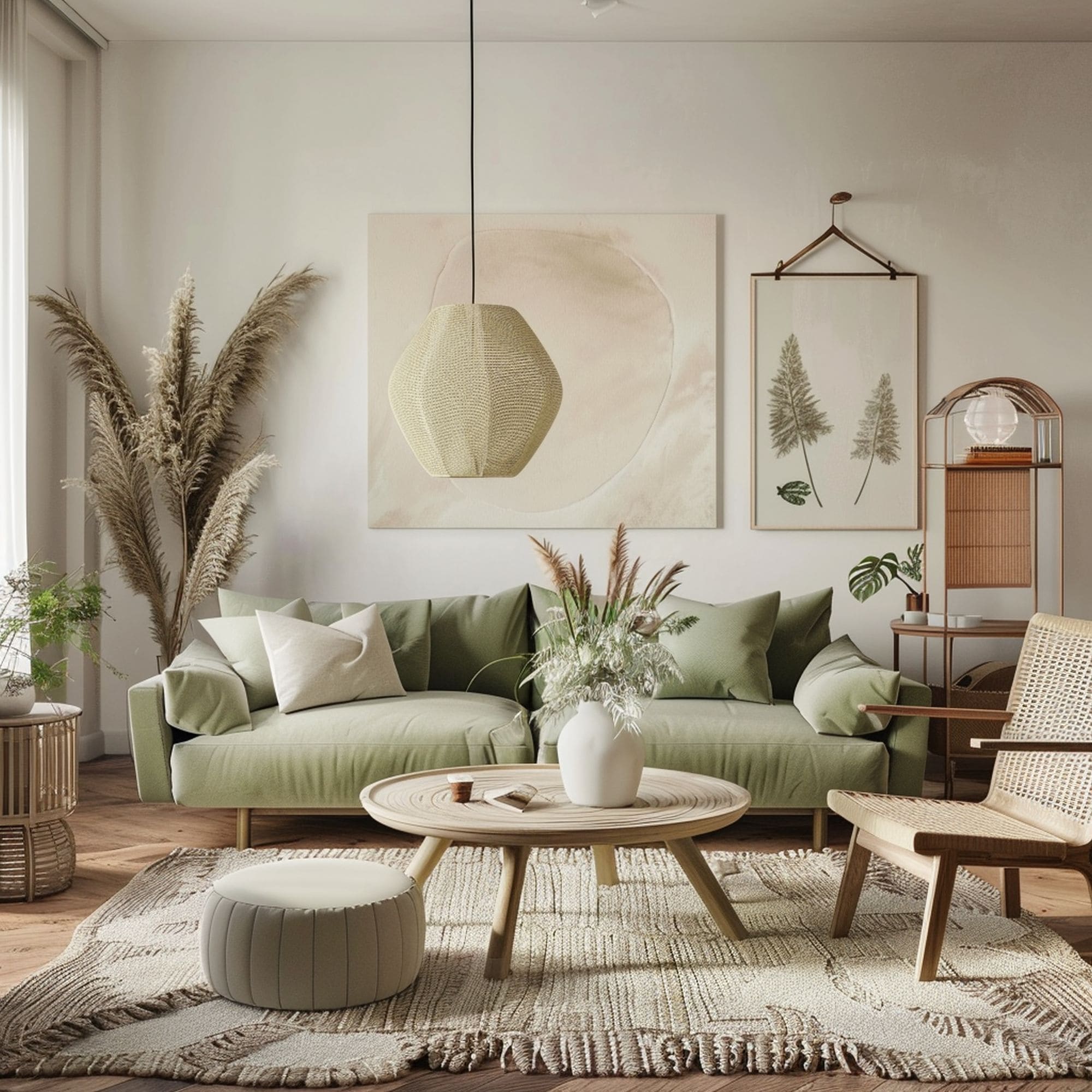 Green Couch in Neutral Scandinavian Living Room