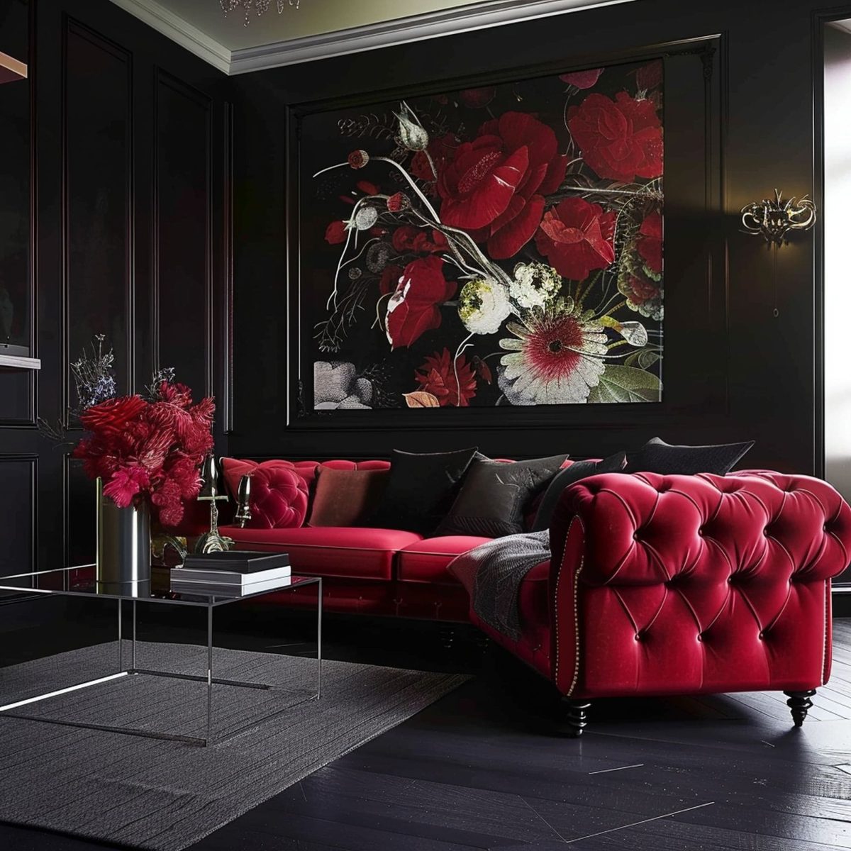 Luxurious Black and Red Living Room