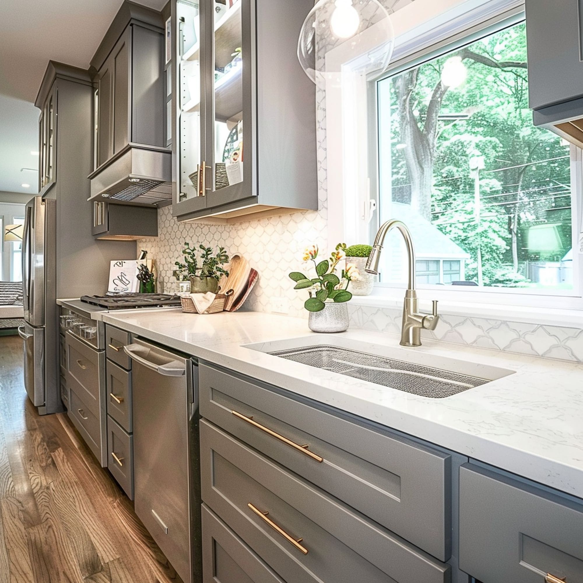 Large Kitchen With Quartz Countertop and Big Window