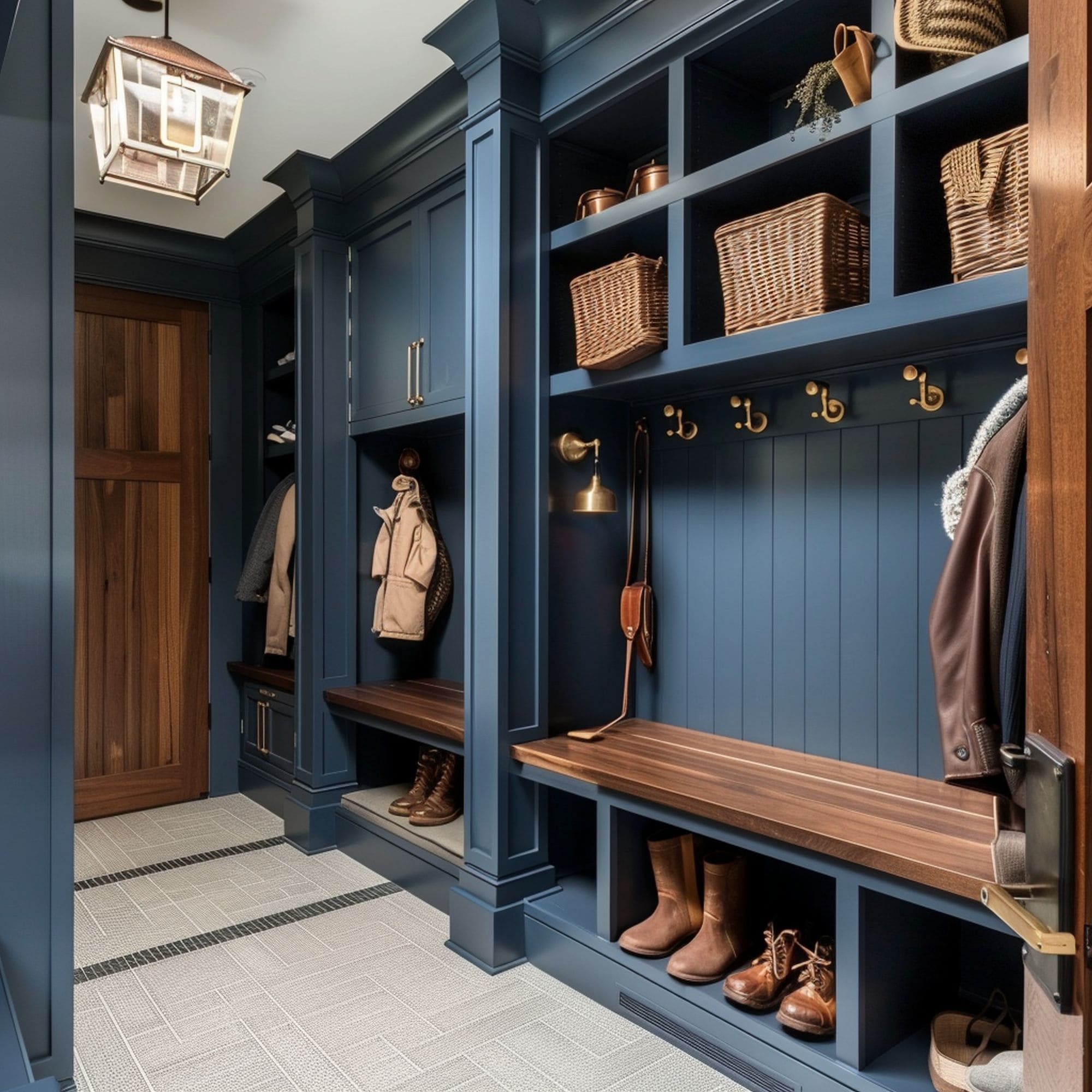Navy Blue and Brown Mudroom