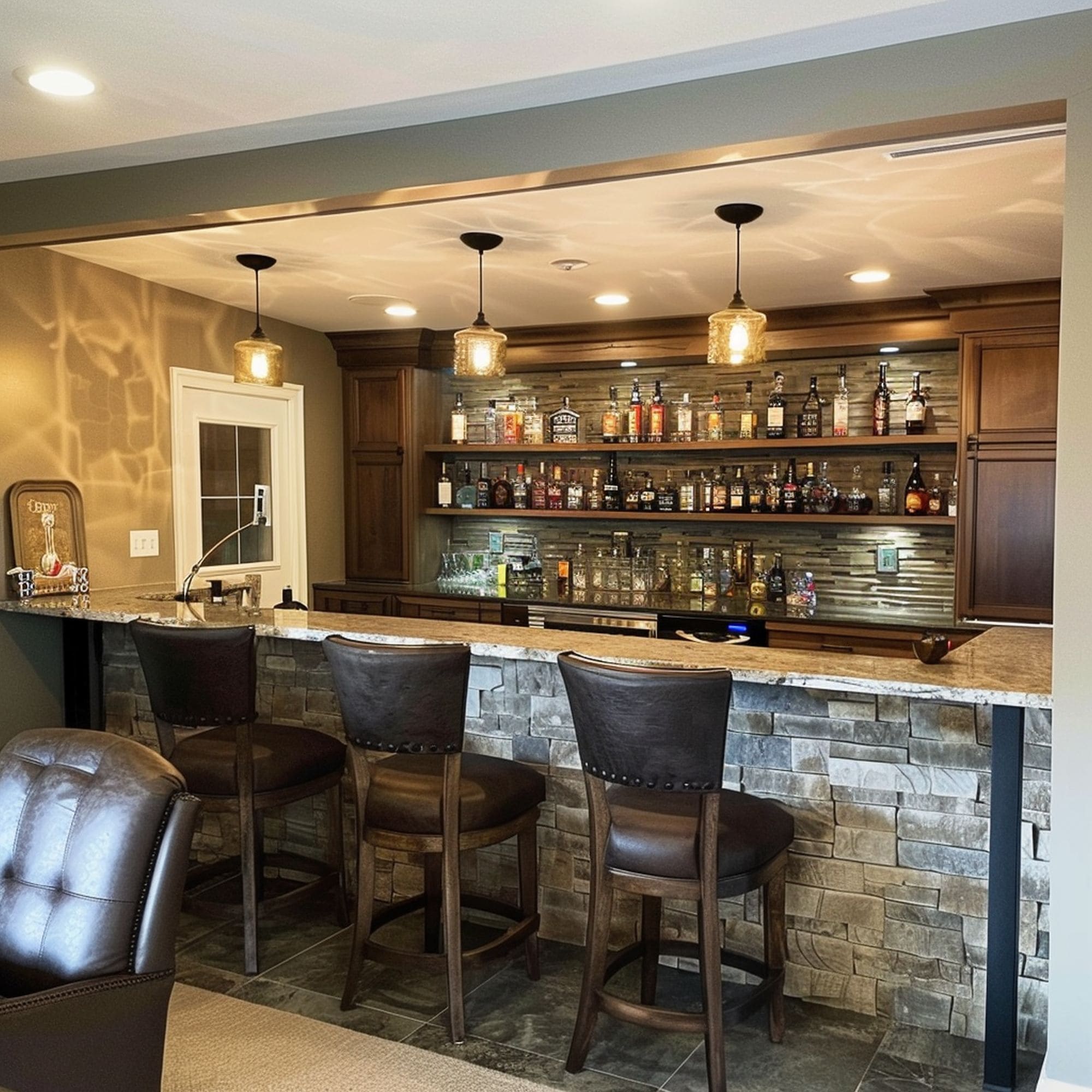 Stone Veneer Basement Bar