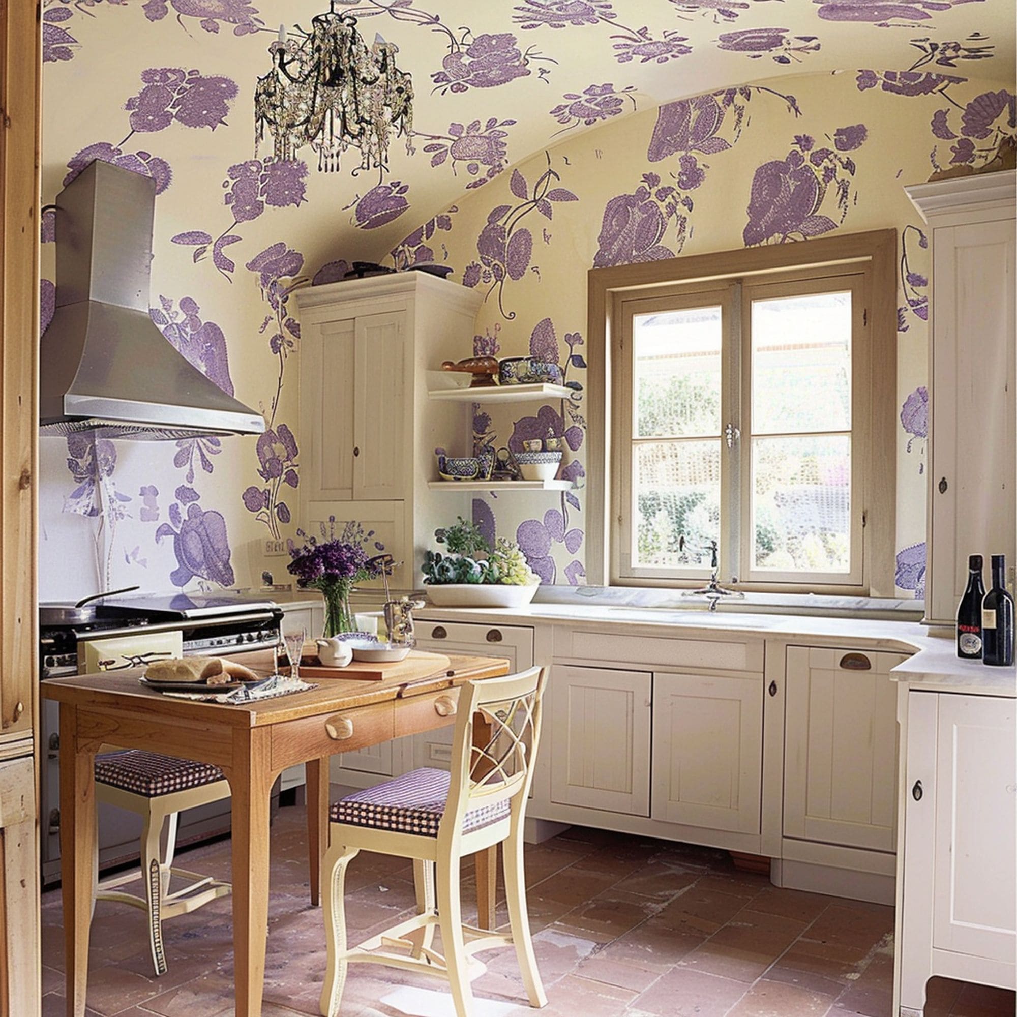 Cream Kitchen With Purple Patterns