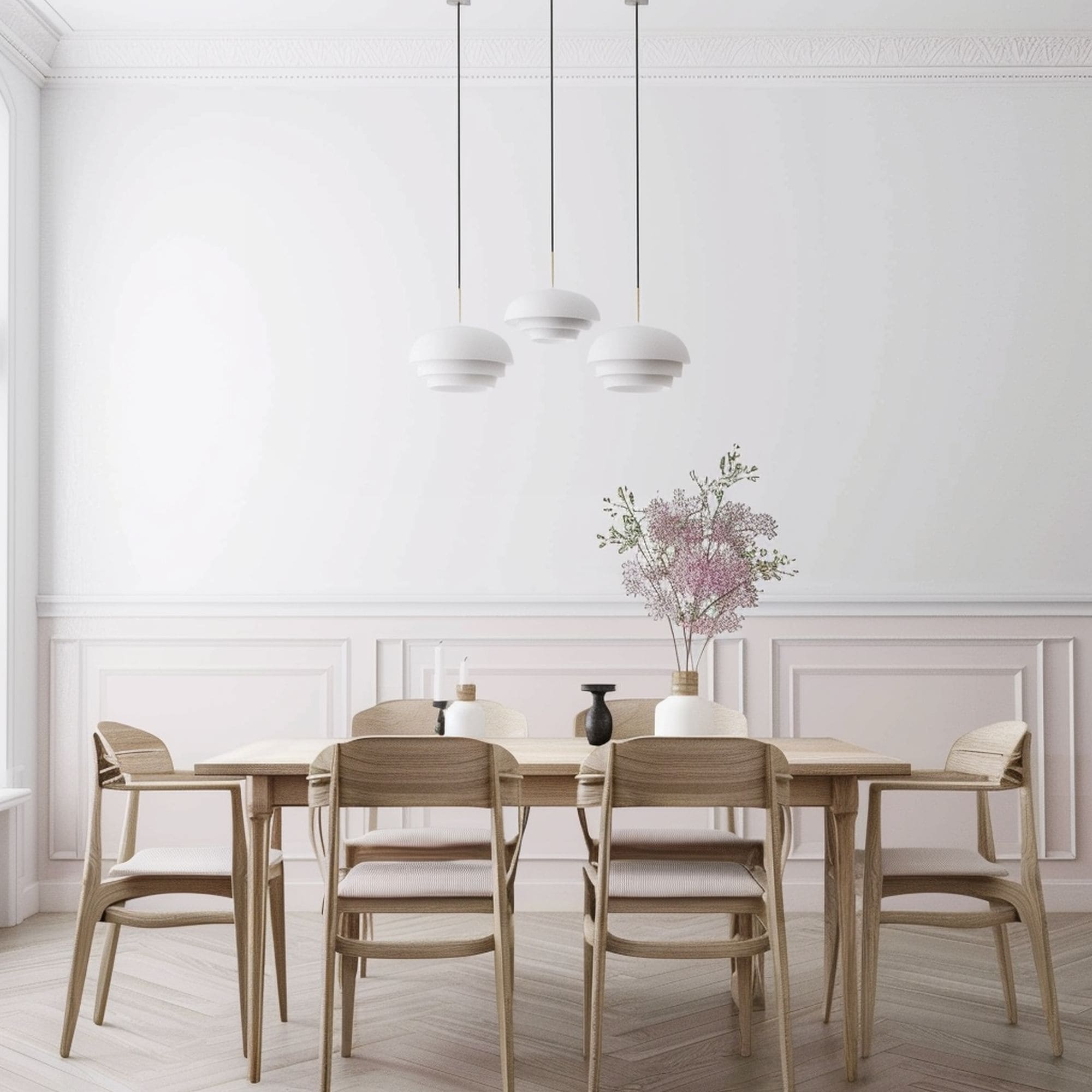 Ivory White Wainscoting in Minimalist Dining Room