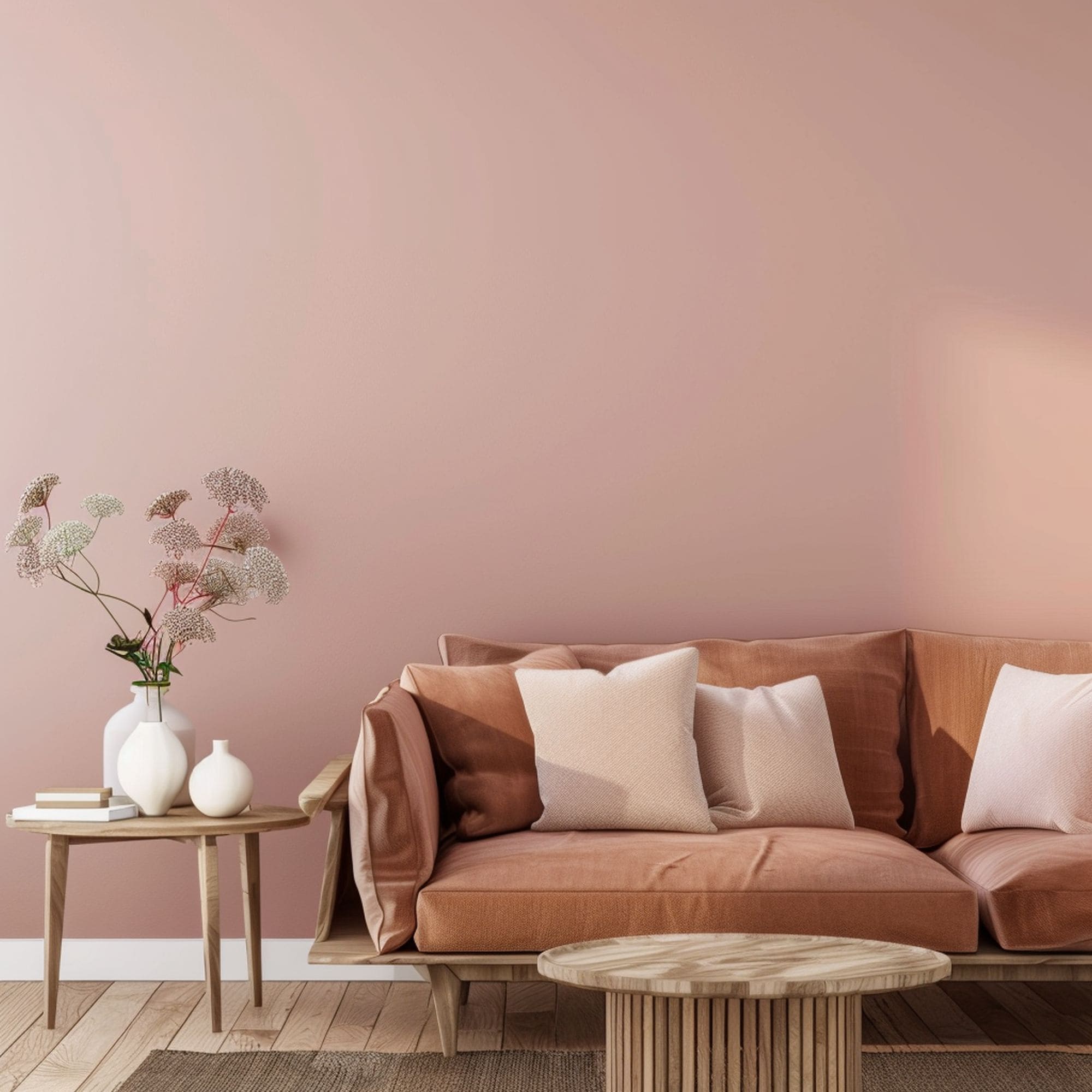 Light Brown Couch in Pink Living Room