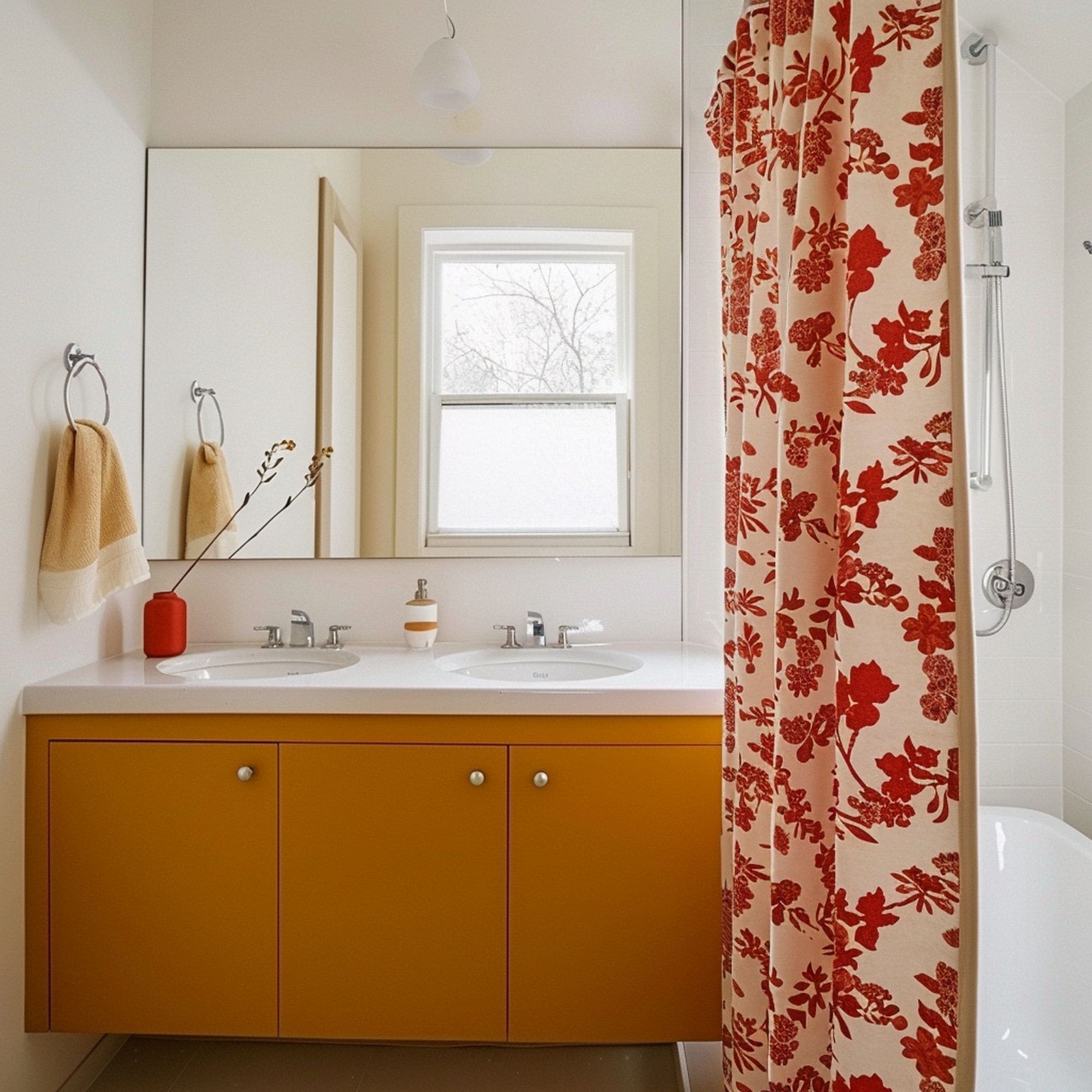 Mustard Yellow and White Bathroom With Red Accents