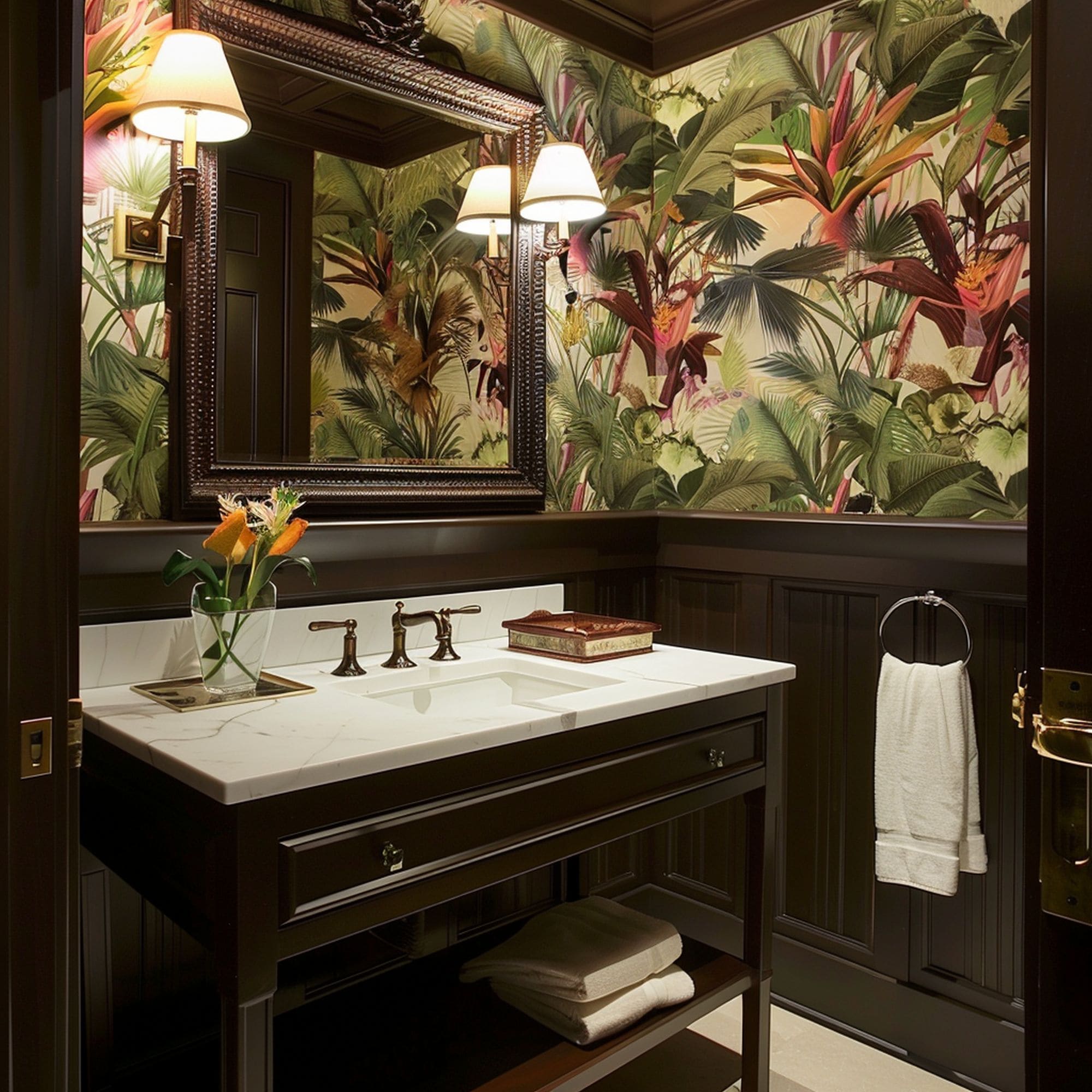 Dark Brown Wainscoting With Tropical Wallpaper