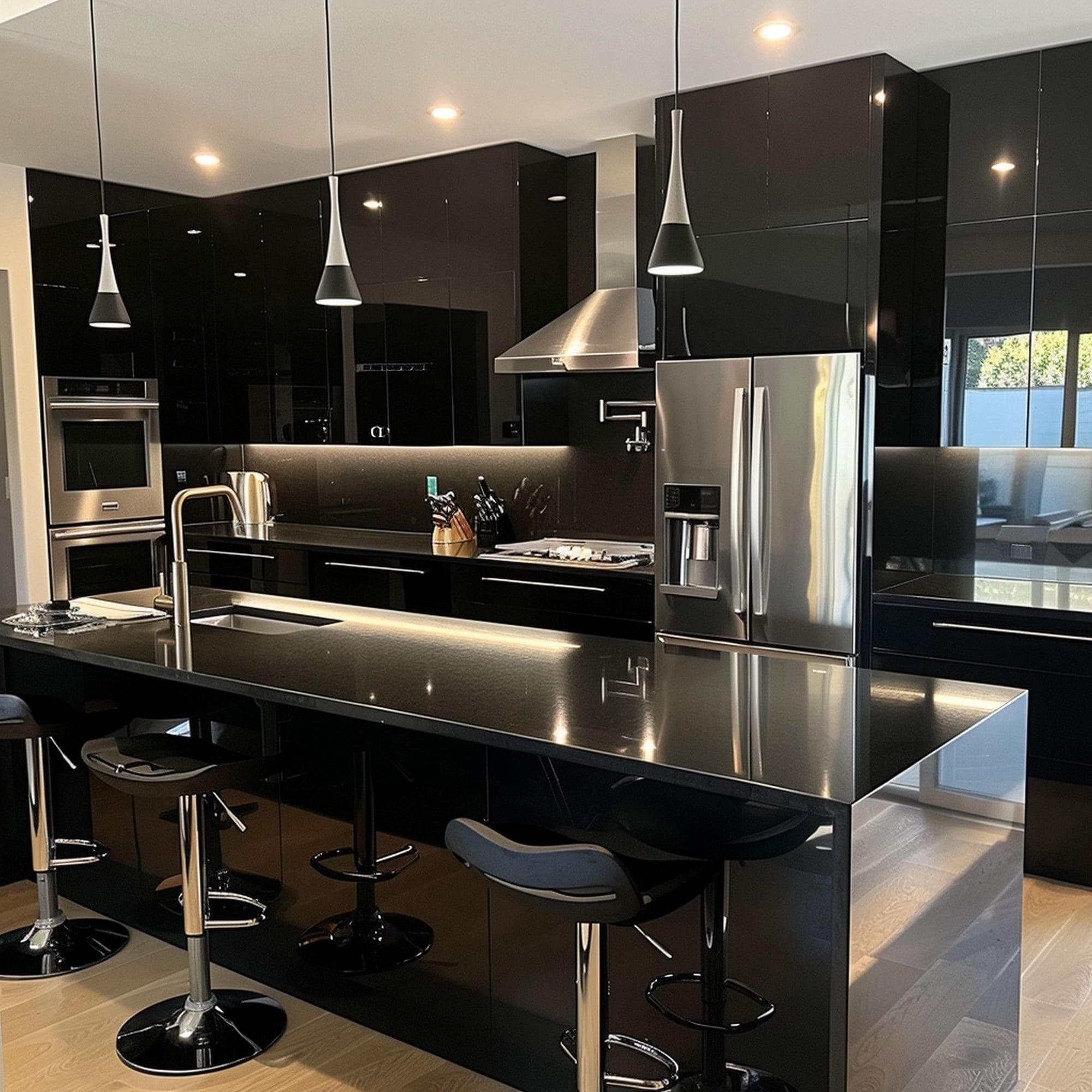 Black Kitchen With Quartz Countertops