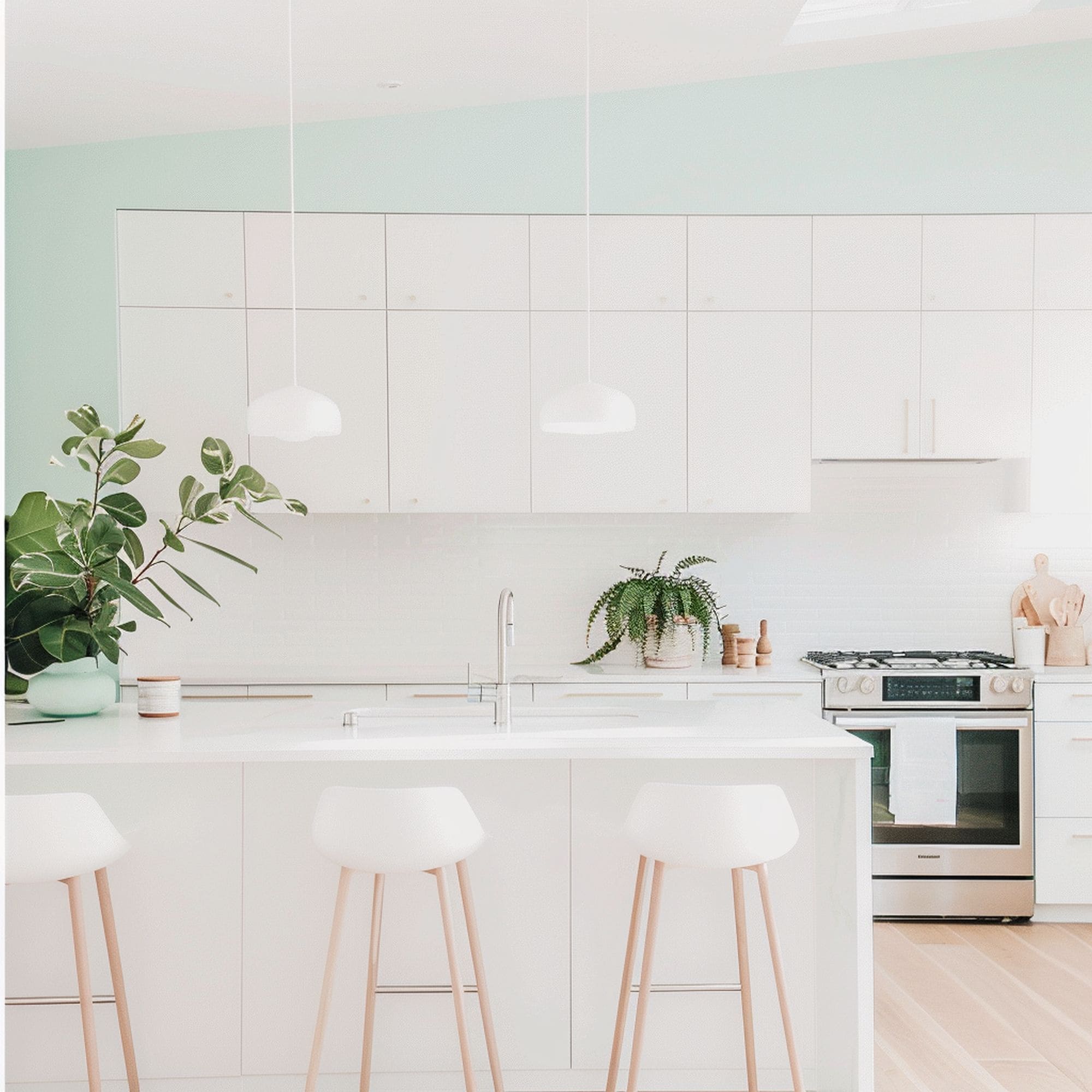 White Kitchen With Pastel Green Wall