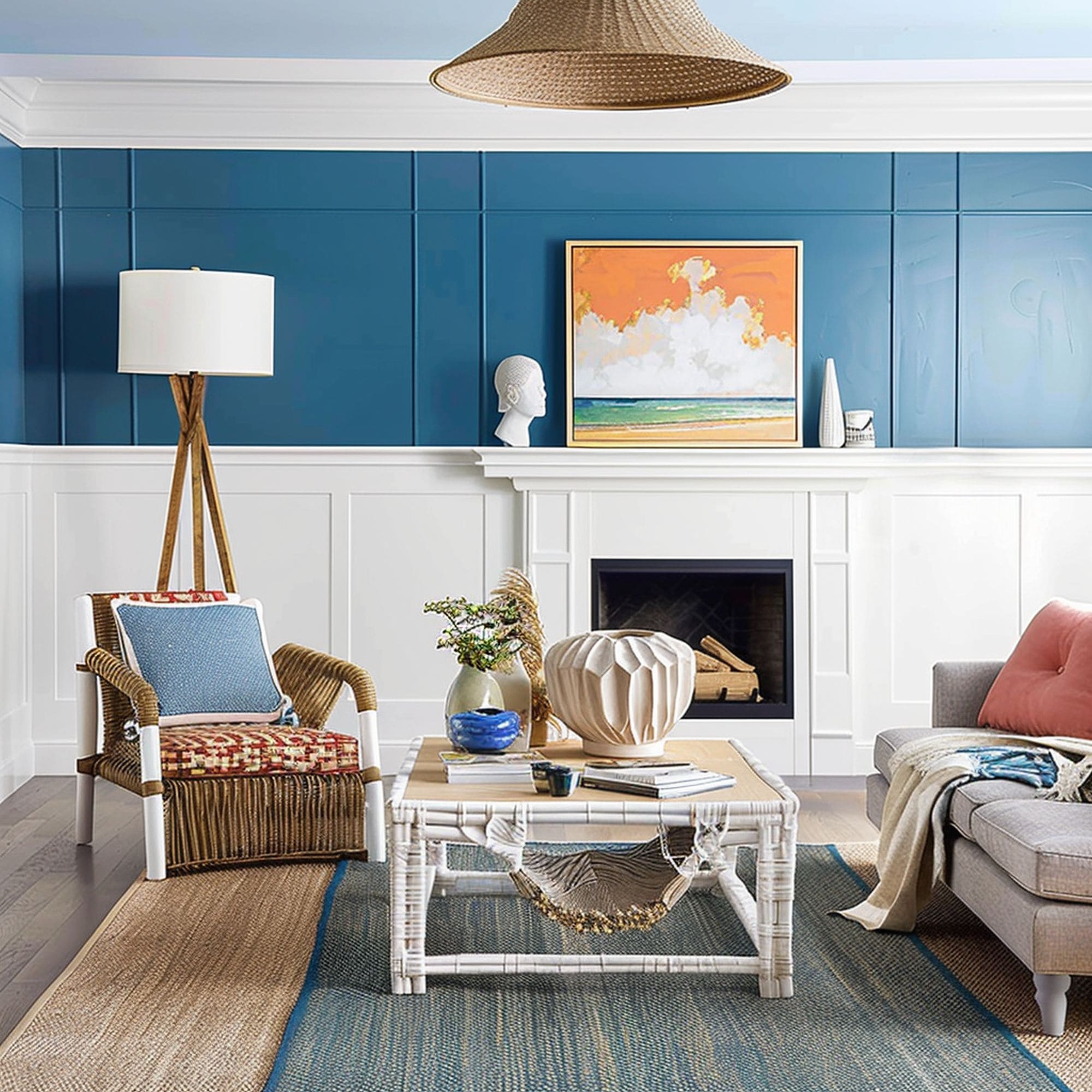 White Wainscoting in Coastal Living Room