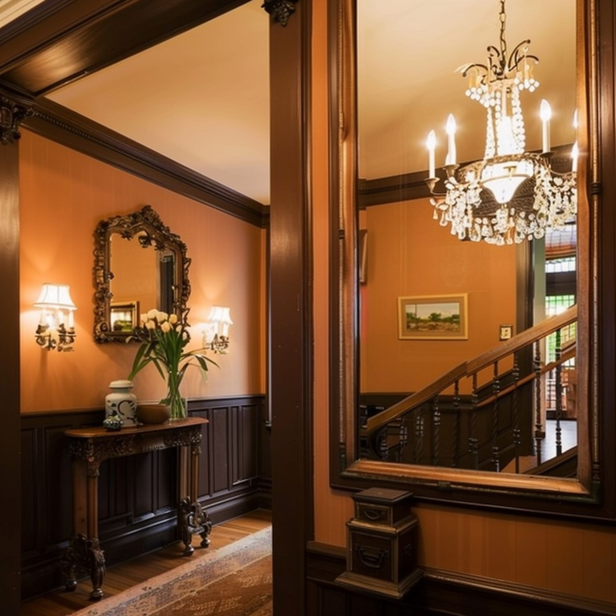 Brown Wainscoting in Victorian Inspired Entryway