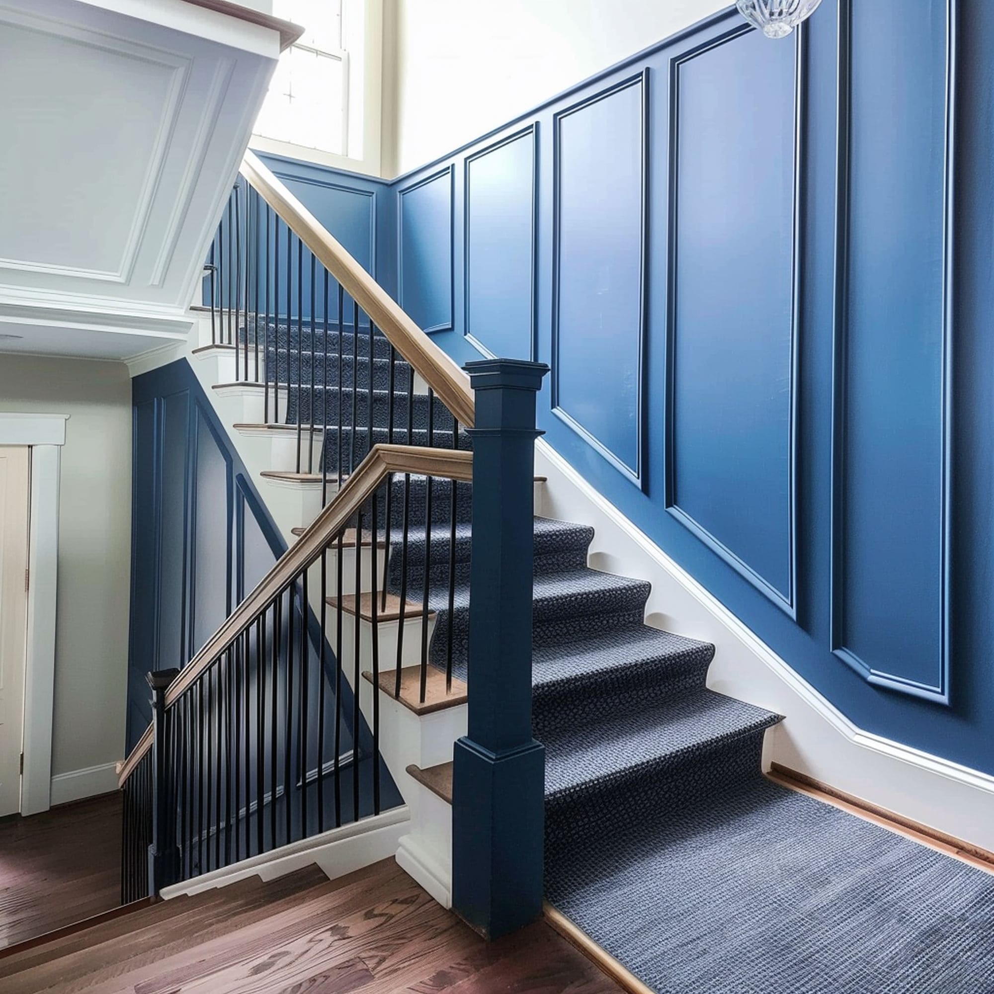 Blue Wainscoting on Staircase Wall