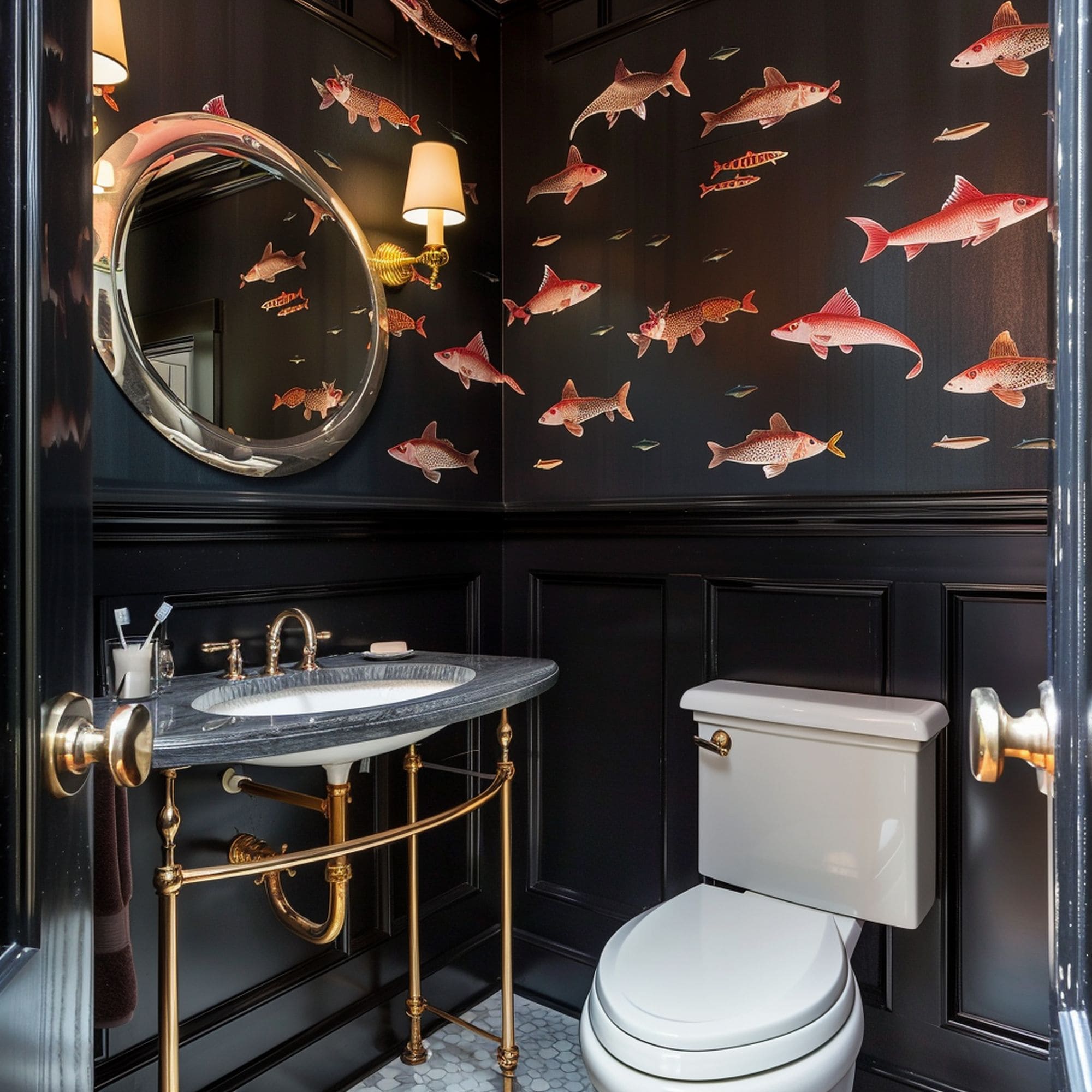 Black Wainscoting With Fish Wallpaper