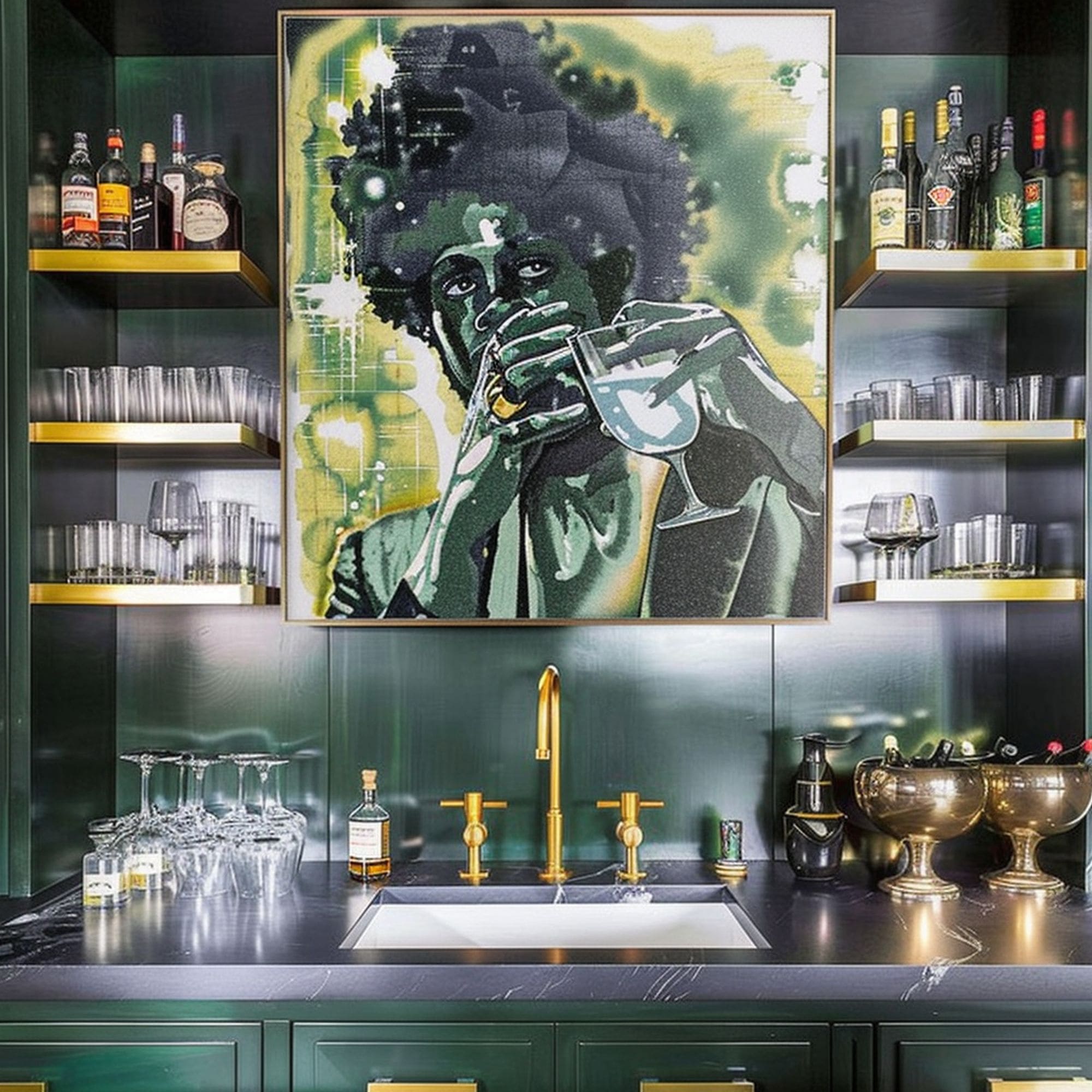 Emerald Green and Gold Wet Bar