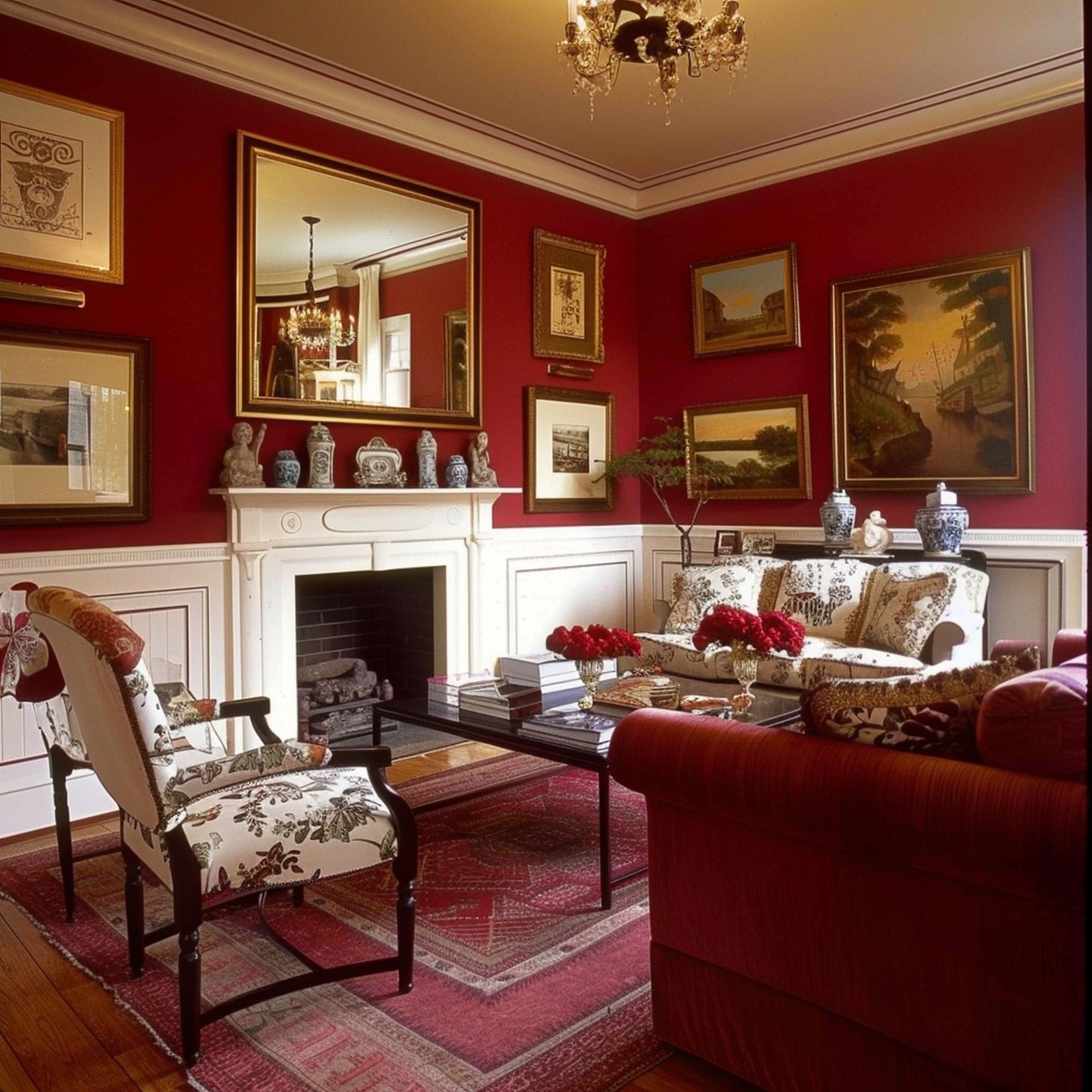 White Wainscoting in Red Living Room
