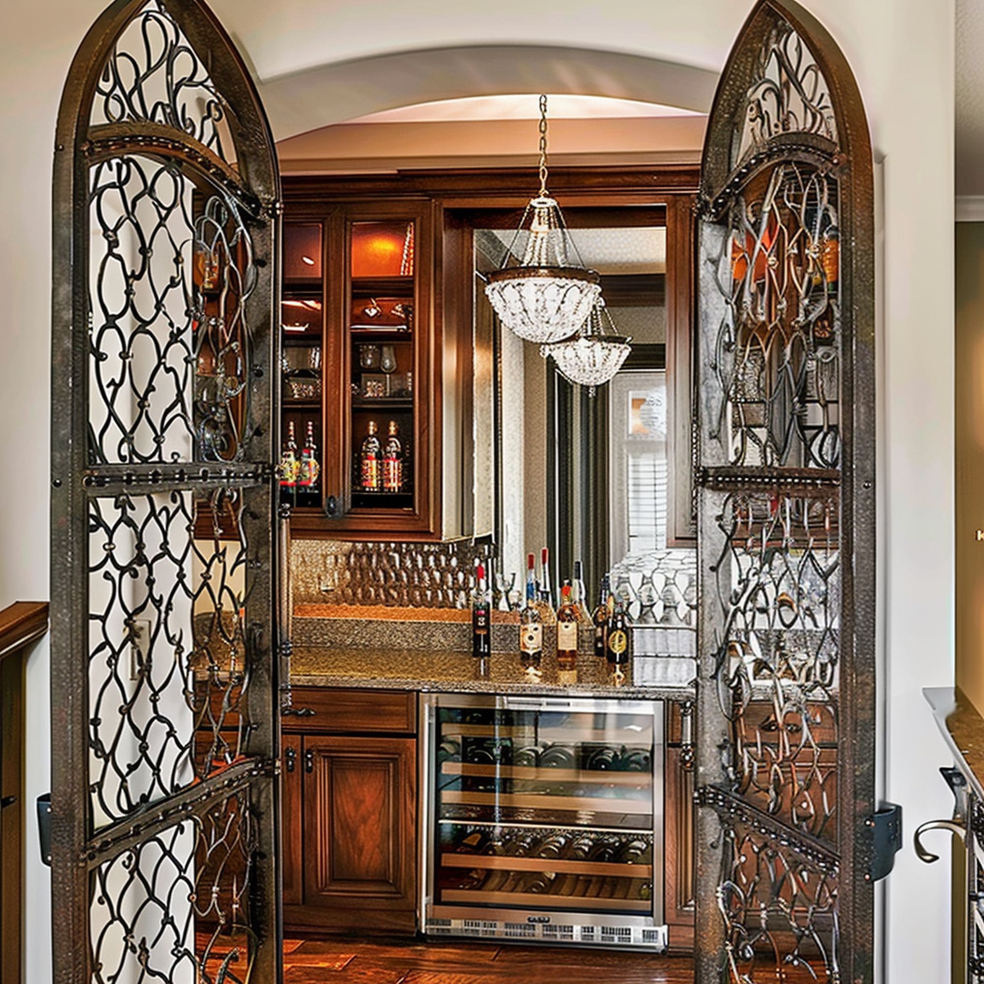 Classy Wet Bar With Wrought Iron Doors