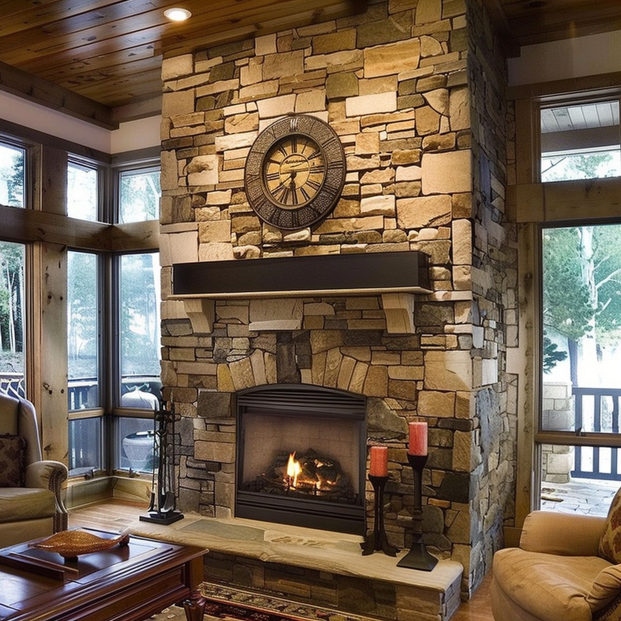 Stone Veneer Rustic Fireplace