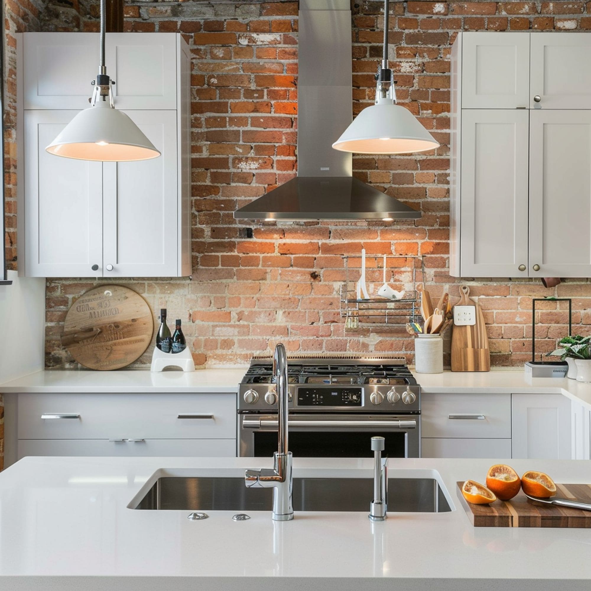 Quartz Countertop and Exposed Brick Wall