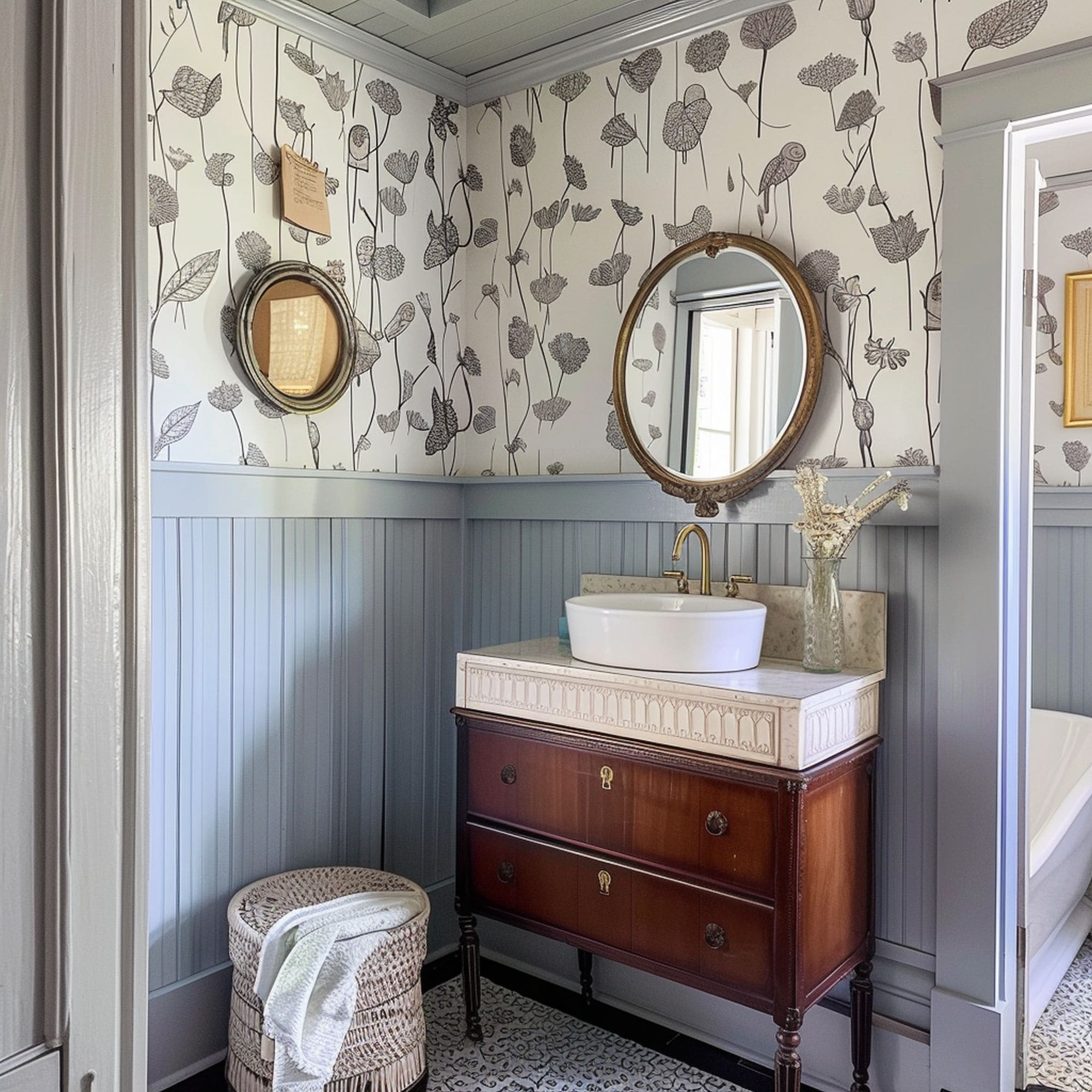 Pastel Blue Wainscoting in Powder Room