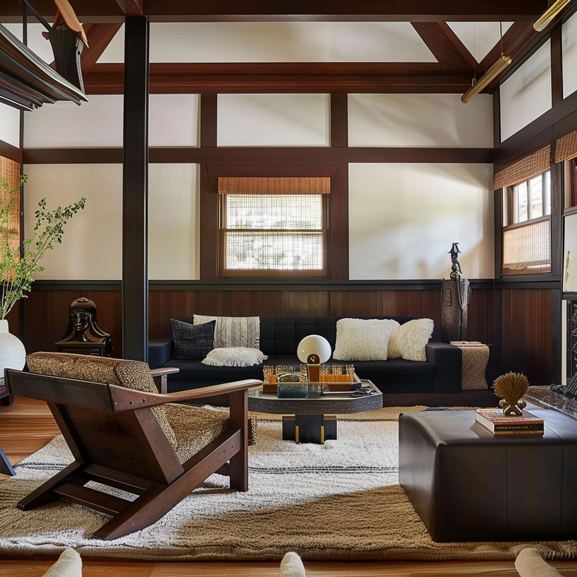 Brown Wainscoting in Japanese Inspired Living Room