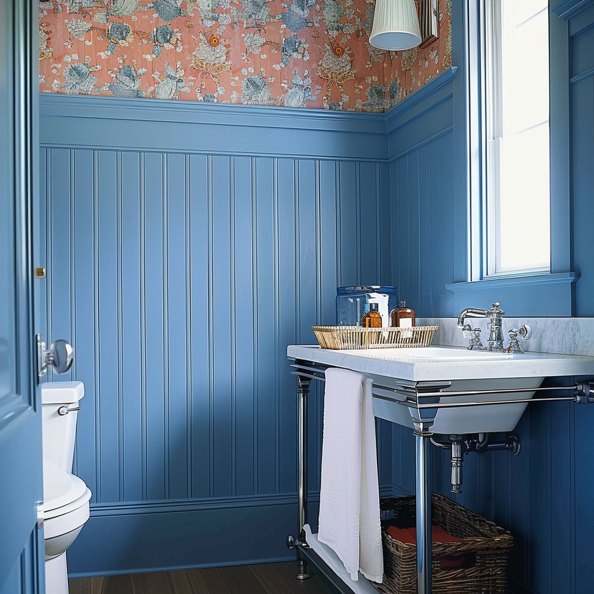 Blue Wainscoting in Powder Room