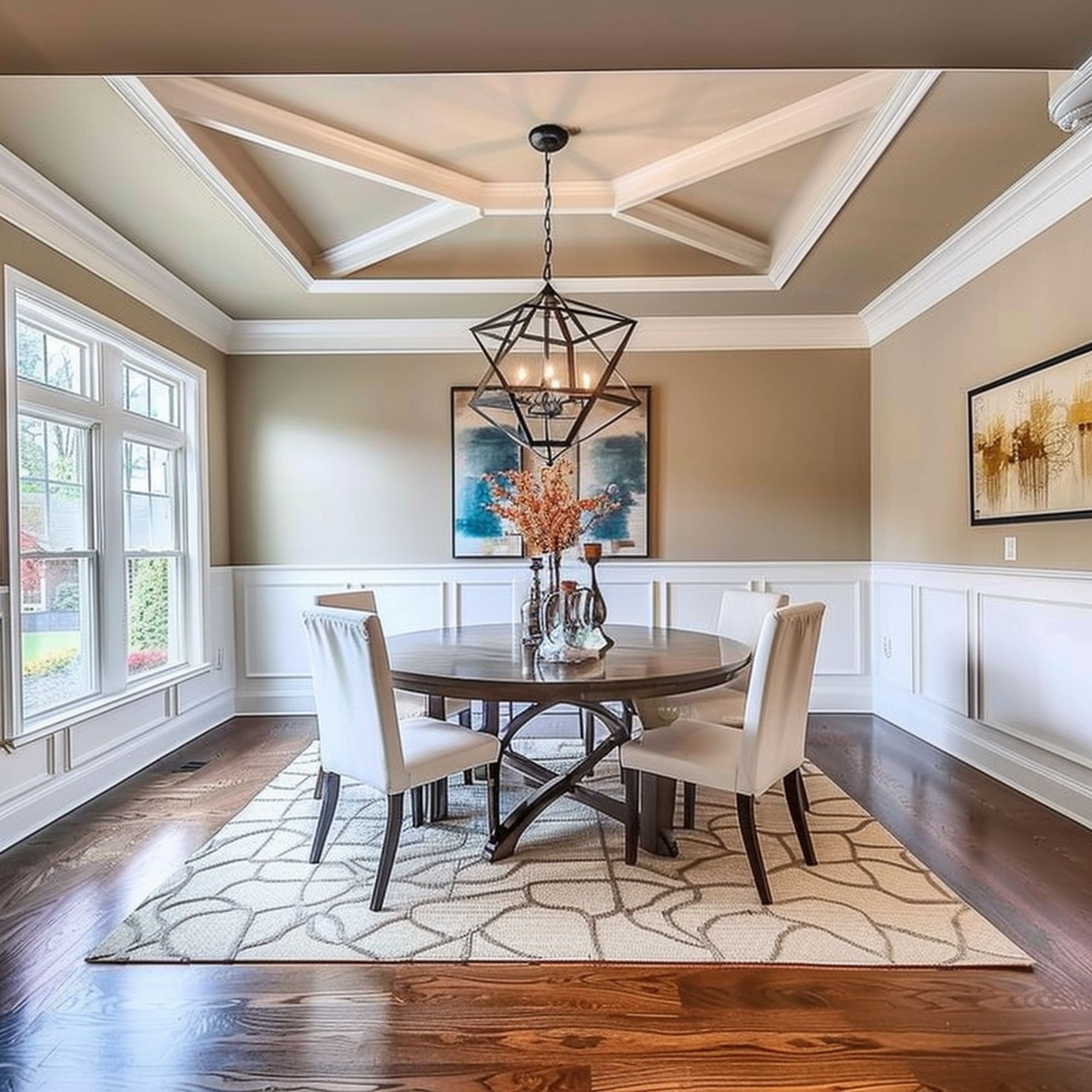 White Wainscoting in Neutral Toned Dining Room
