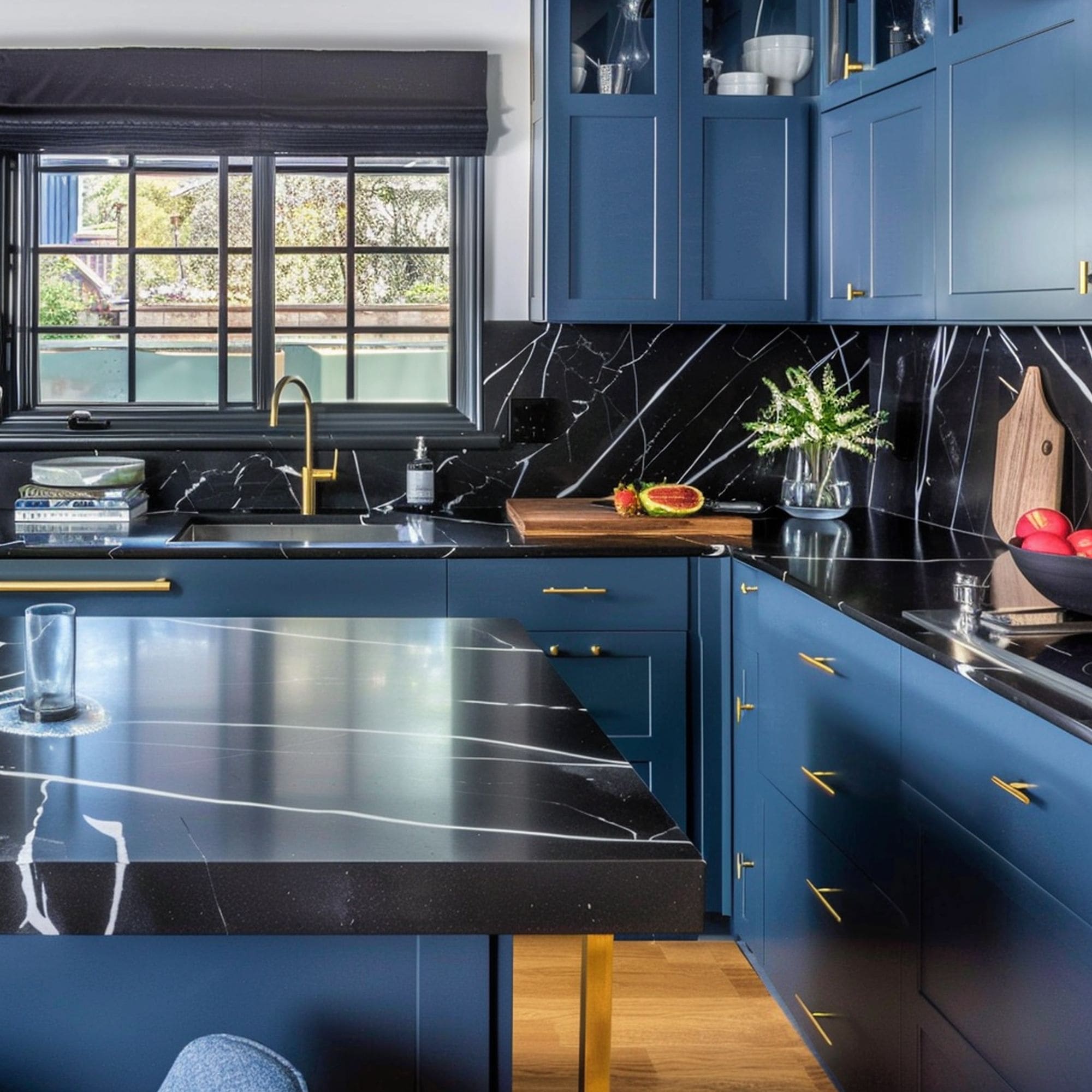 Black Marble Quartz Countertop in Blue Kitchen