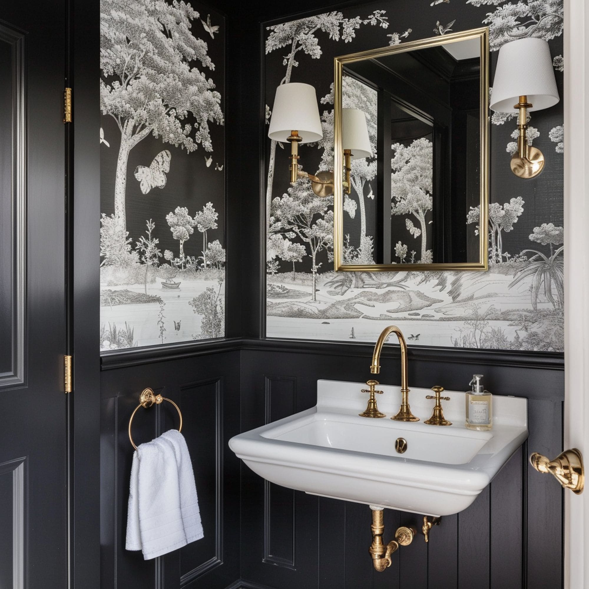 Black Wainscoting in Luxurious Powder Room