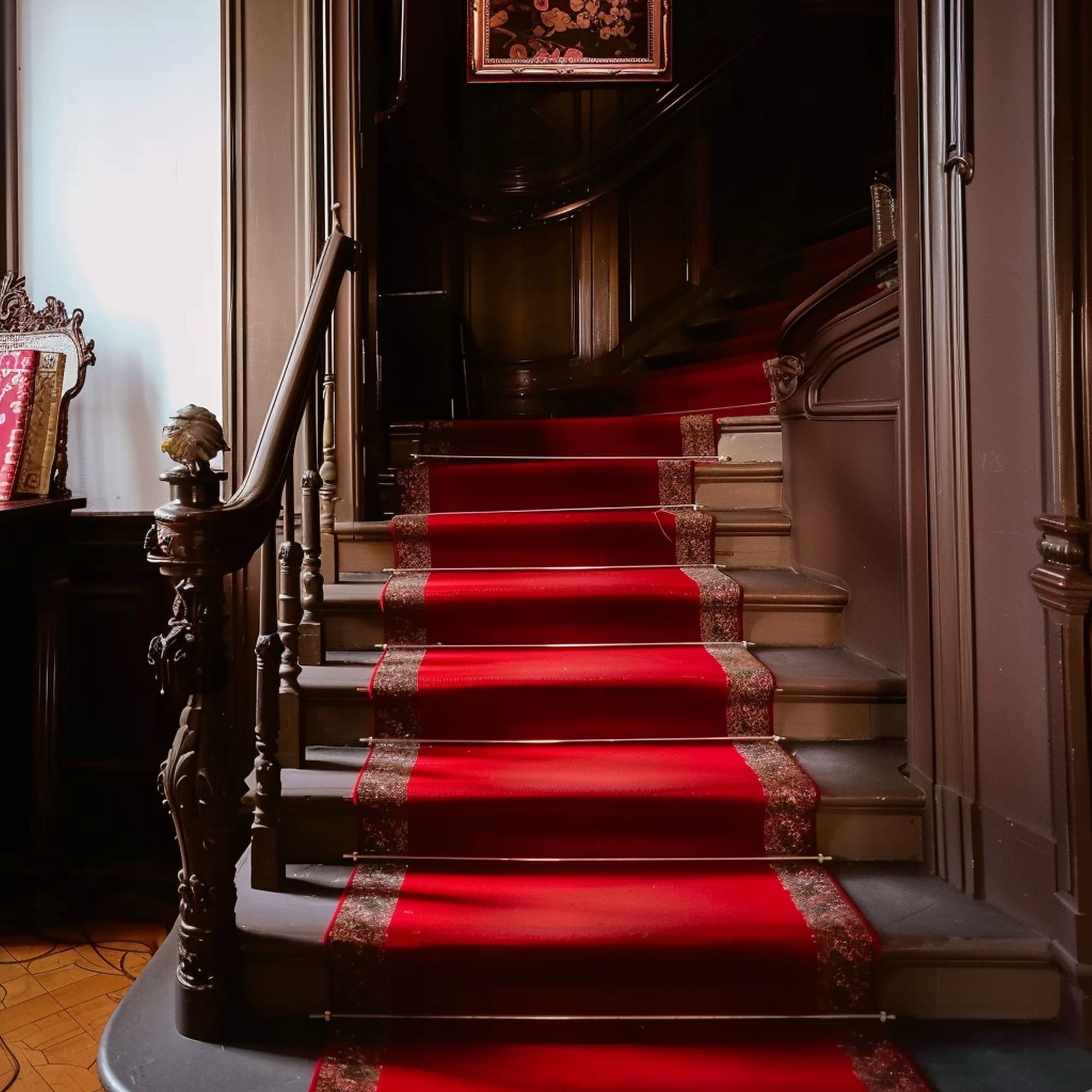 Brown Staircase With Red Rug