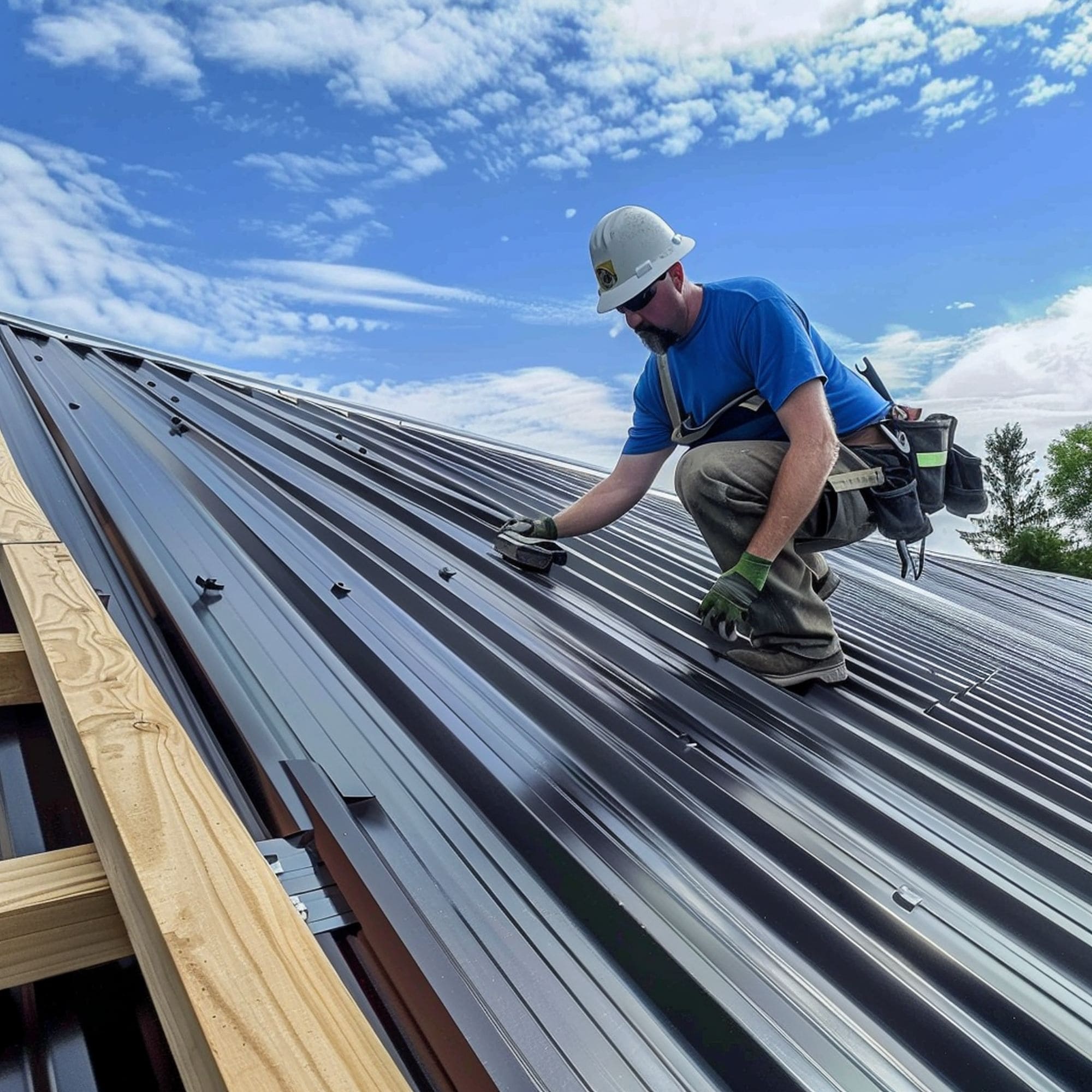 Worker Installing Metal Roof