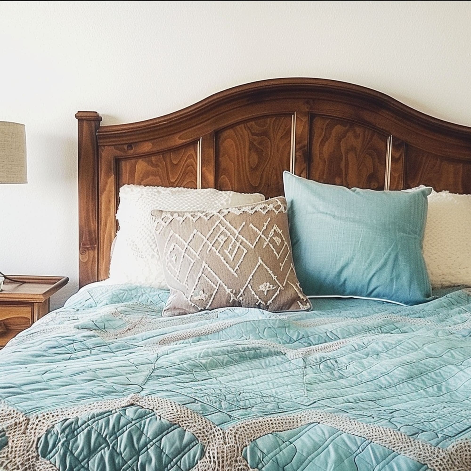 Brown Bed With Light Teal Bedspread