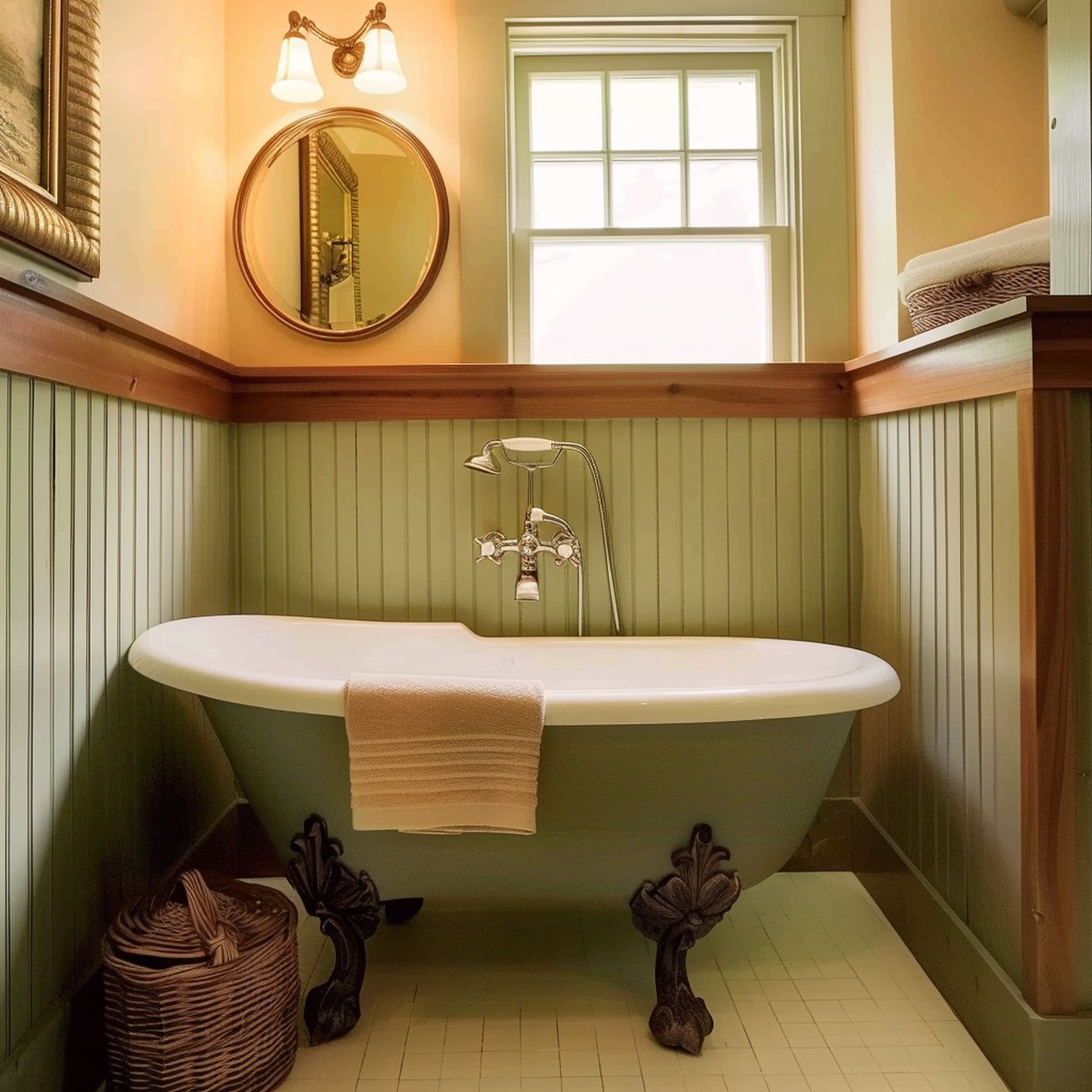 Sage Green Wainscoting in Rustic Bathroom