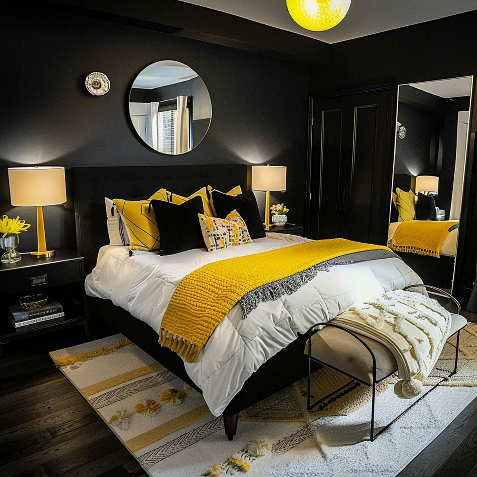 Black Bedroom With Yellow Accents