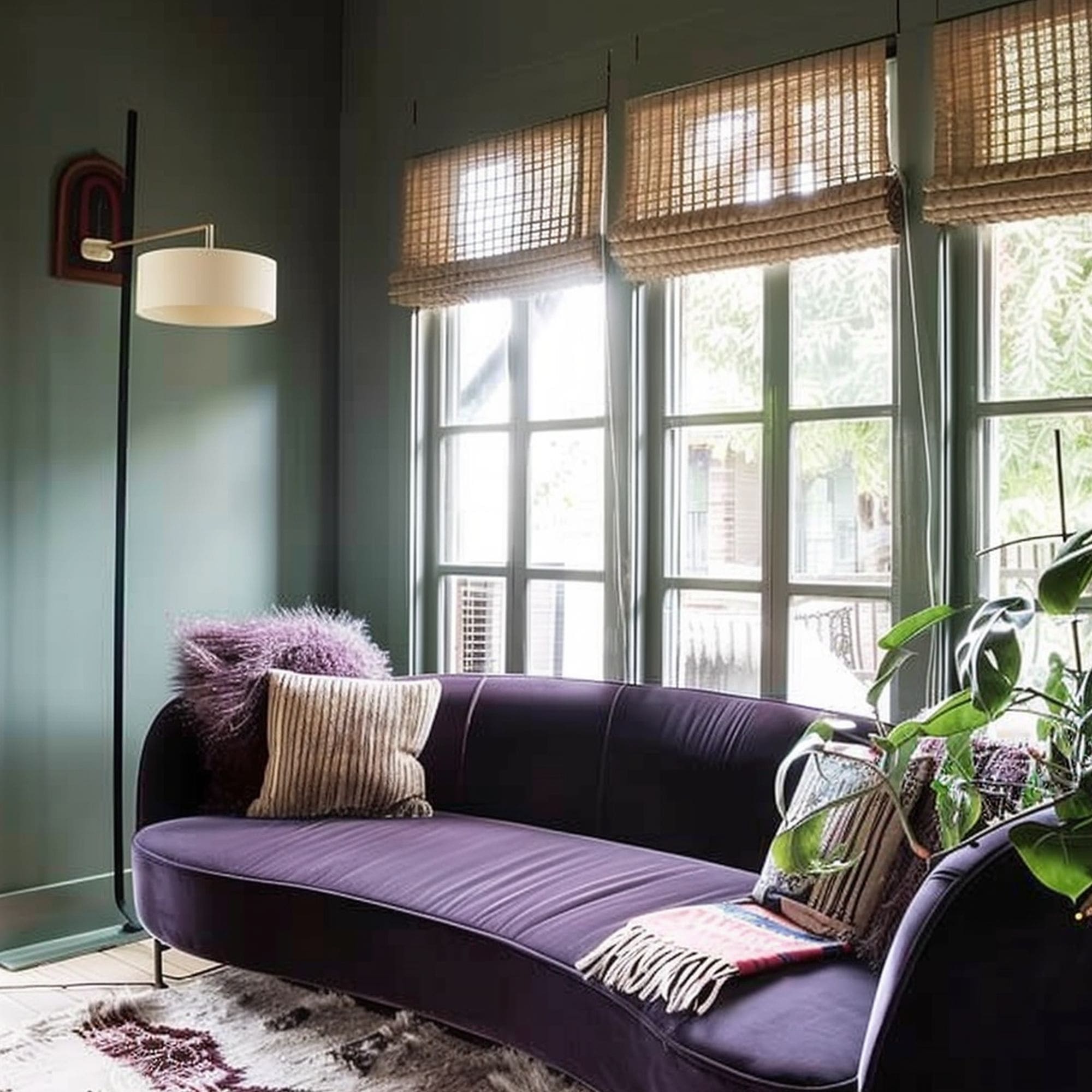 Purple Couch and Sage Green Wall
