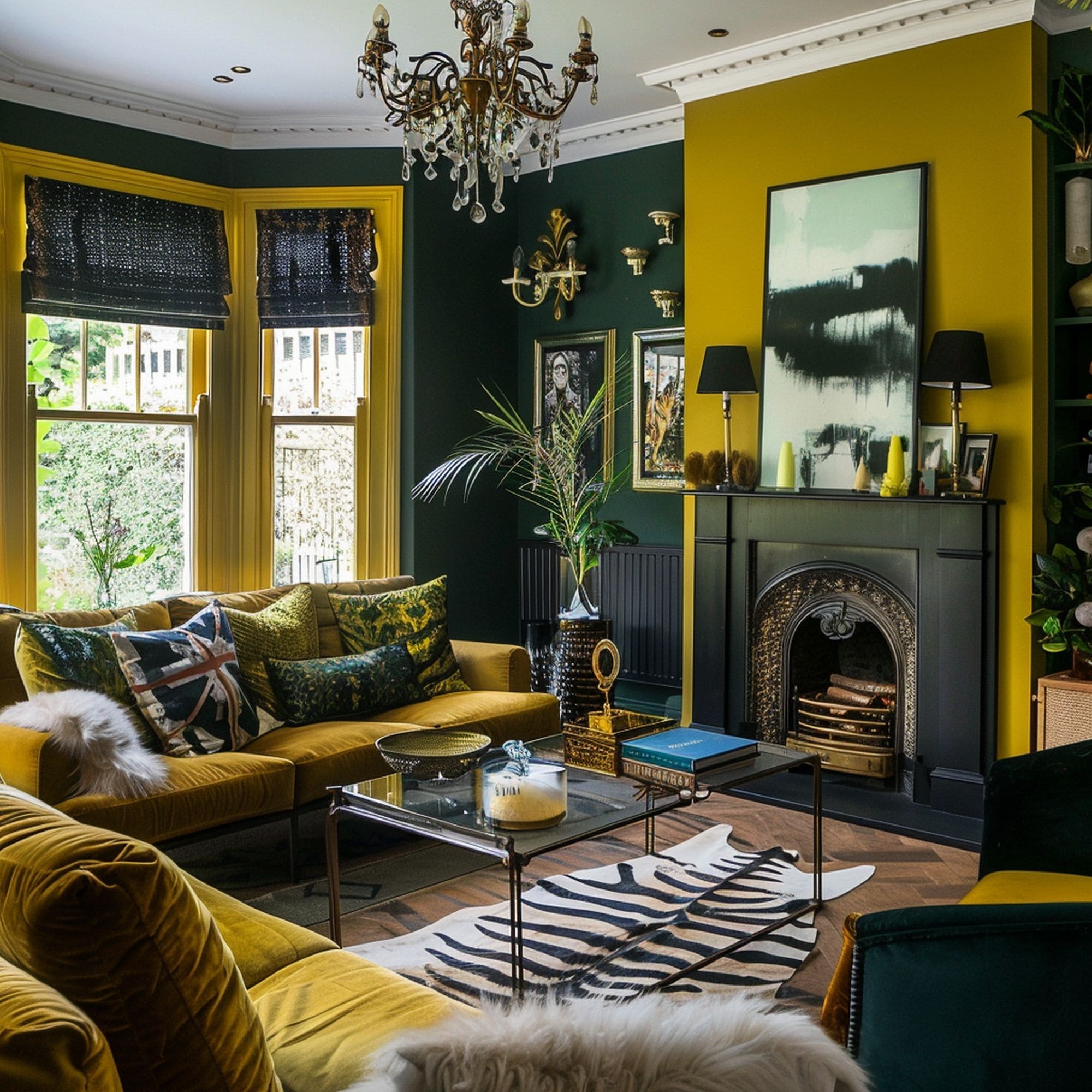 Dark Green and Yellow Living Room