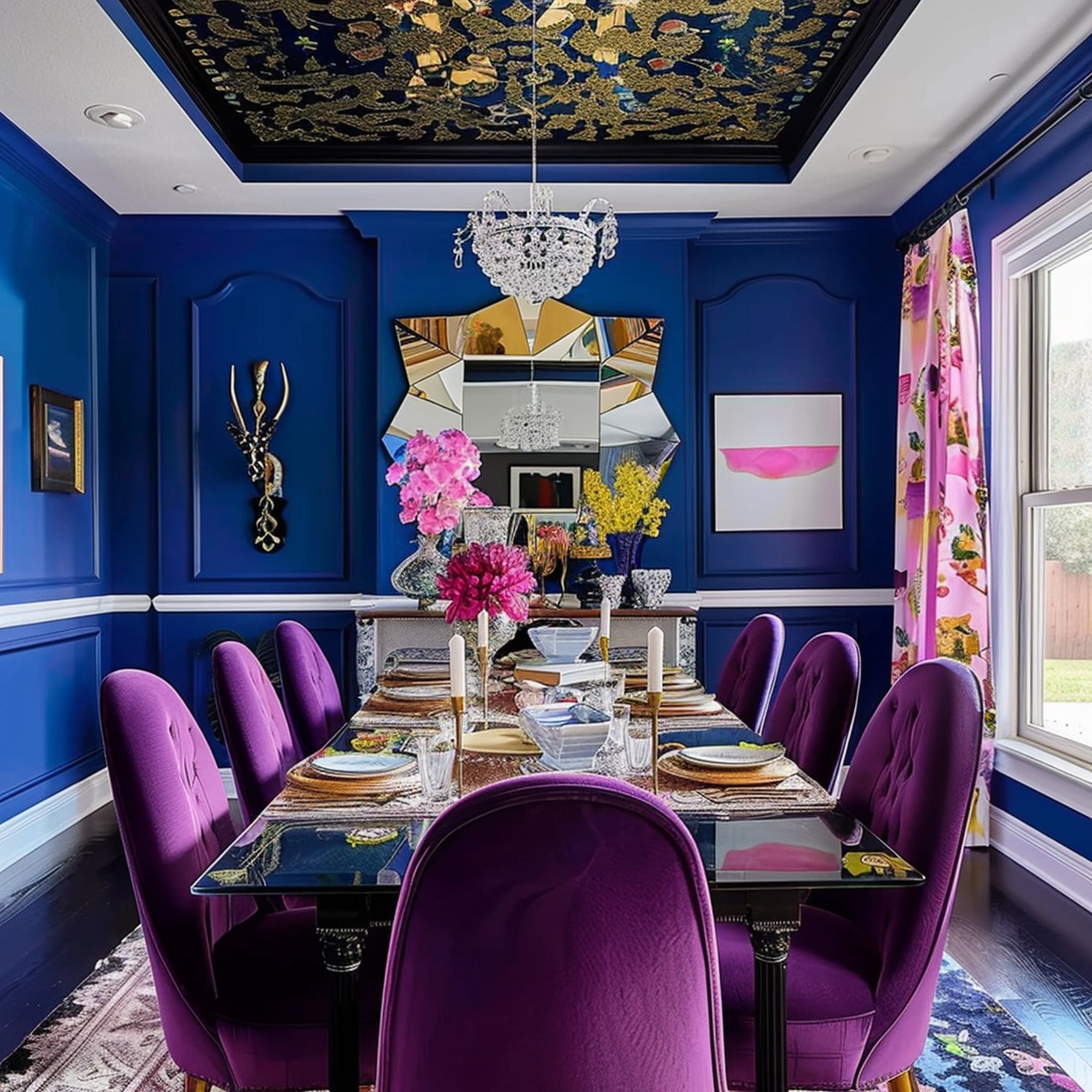 Purple Dining Chairs and Cobalt Blue Walls