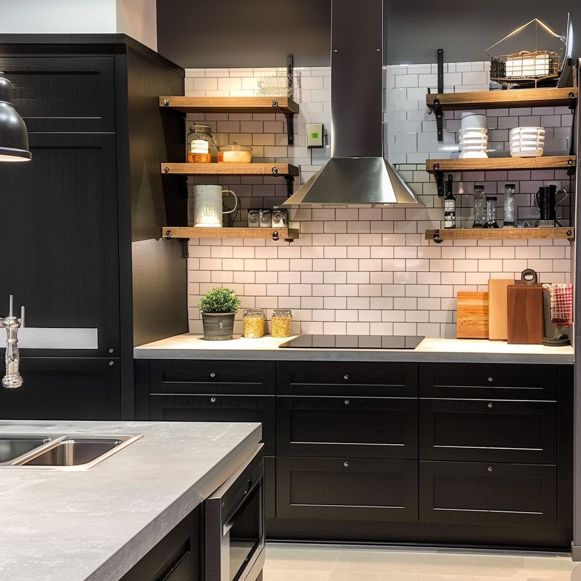 White Subway Tiles in Black Kitchen