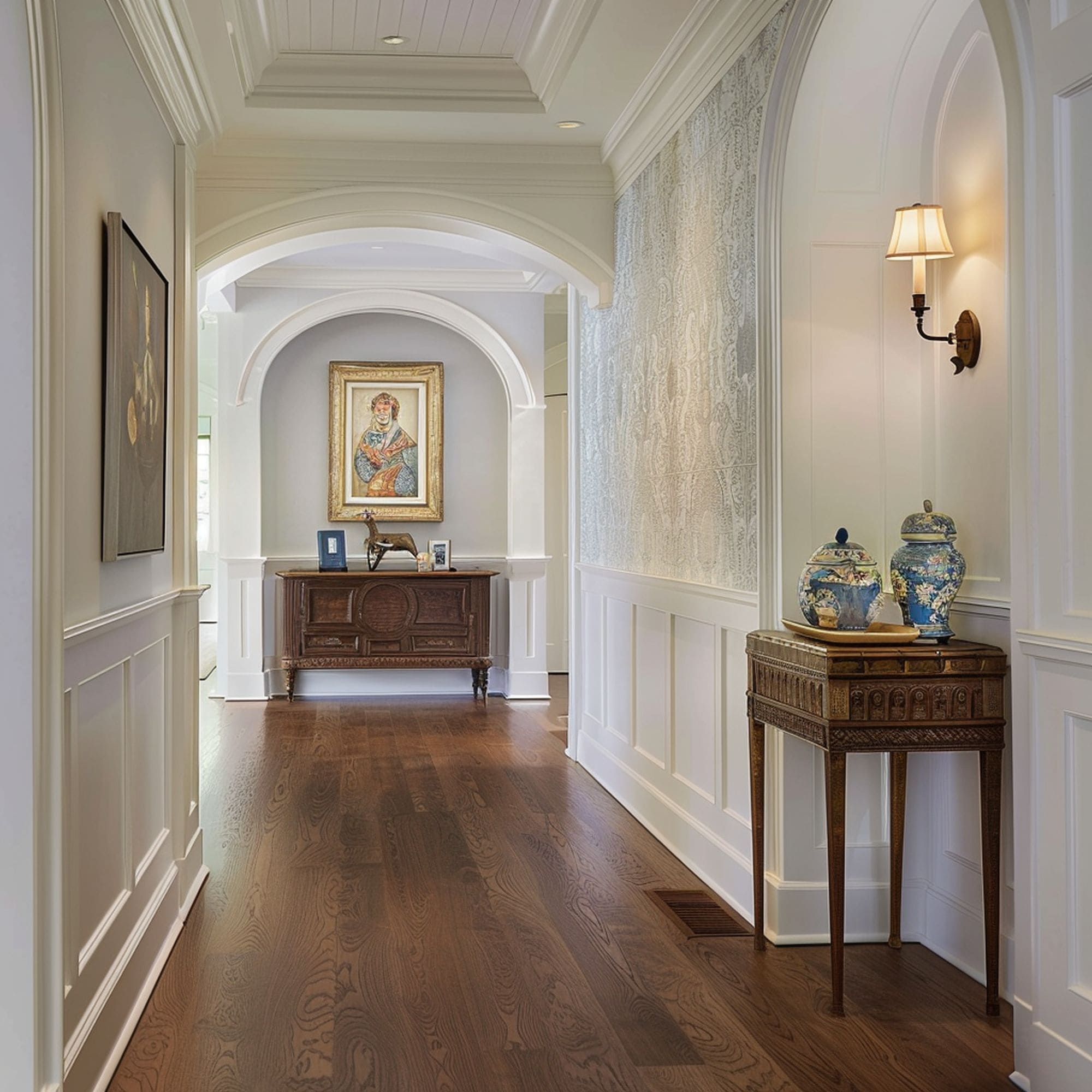 White Wainscoting in Hallway With Archways