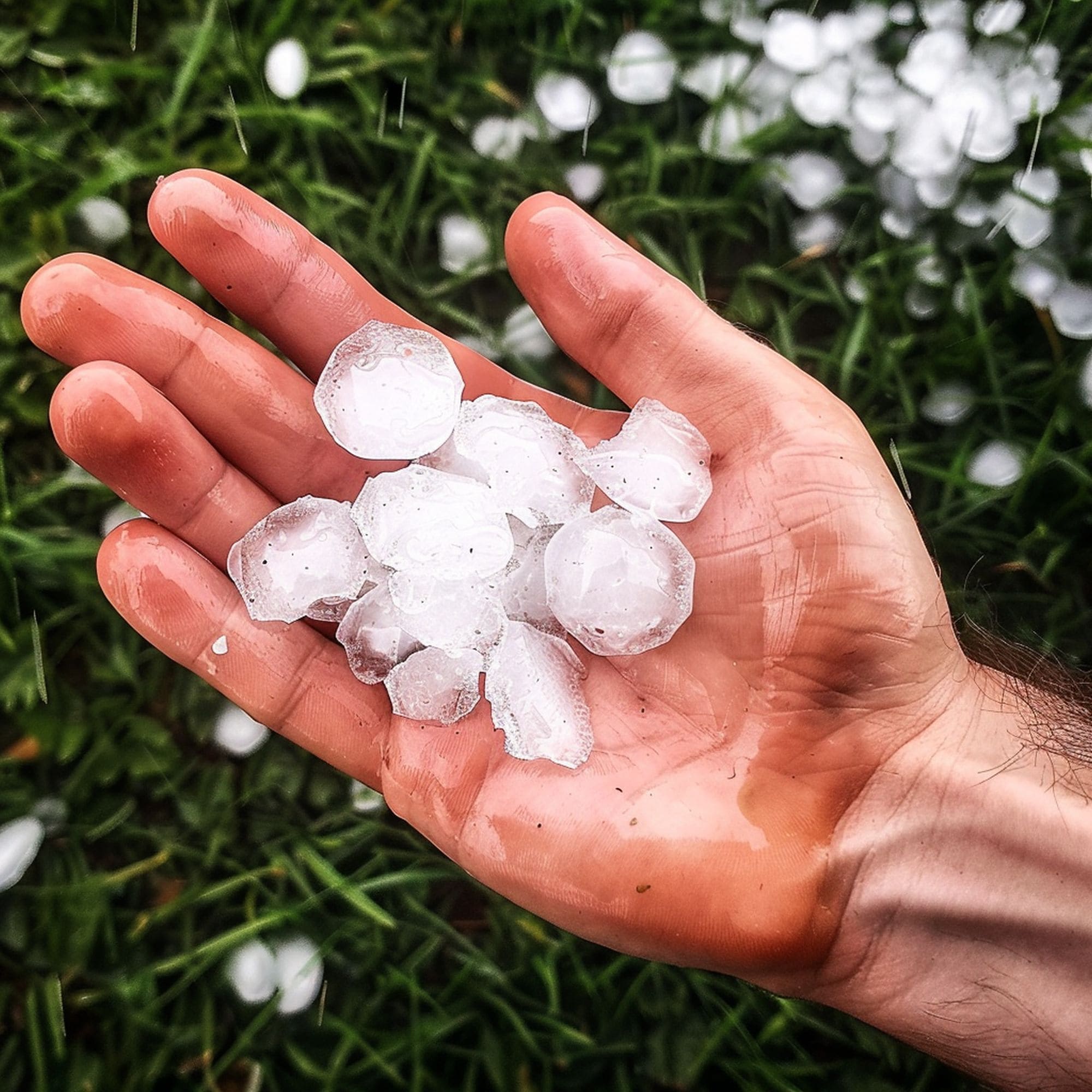 Hand Holding Pieces of Hail