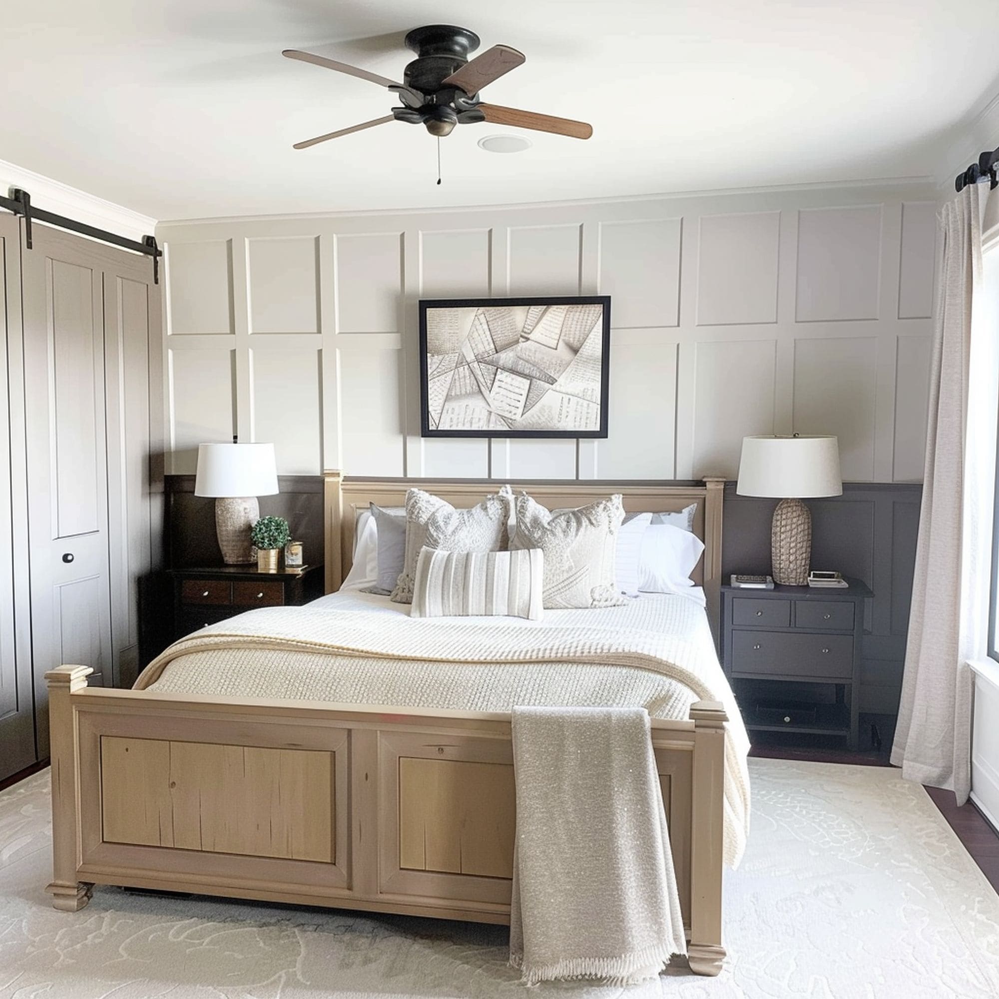 Gray Wainscoting in Modern Farmhouse Bedroom