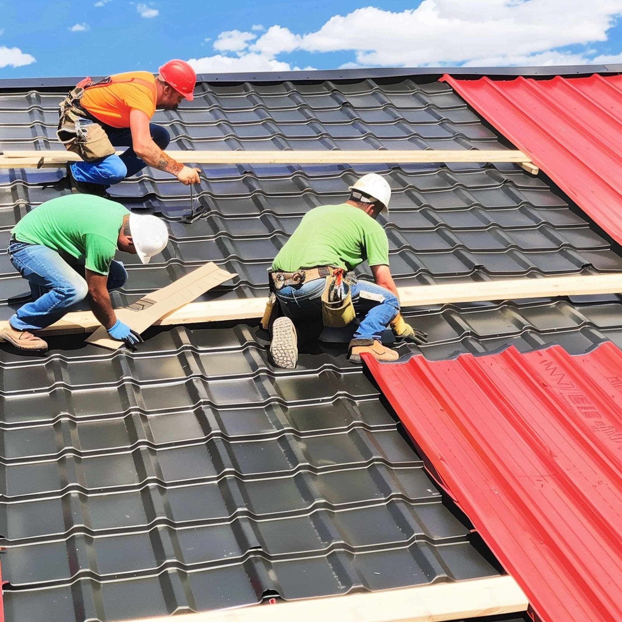 Workers Assembling Pieces of a Metal Roof