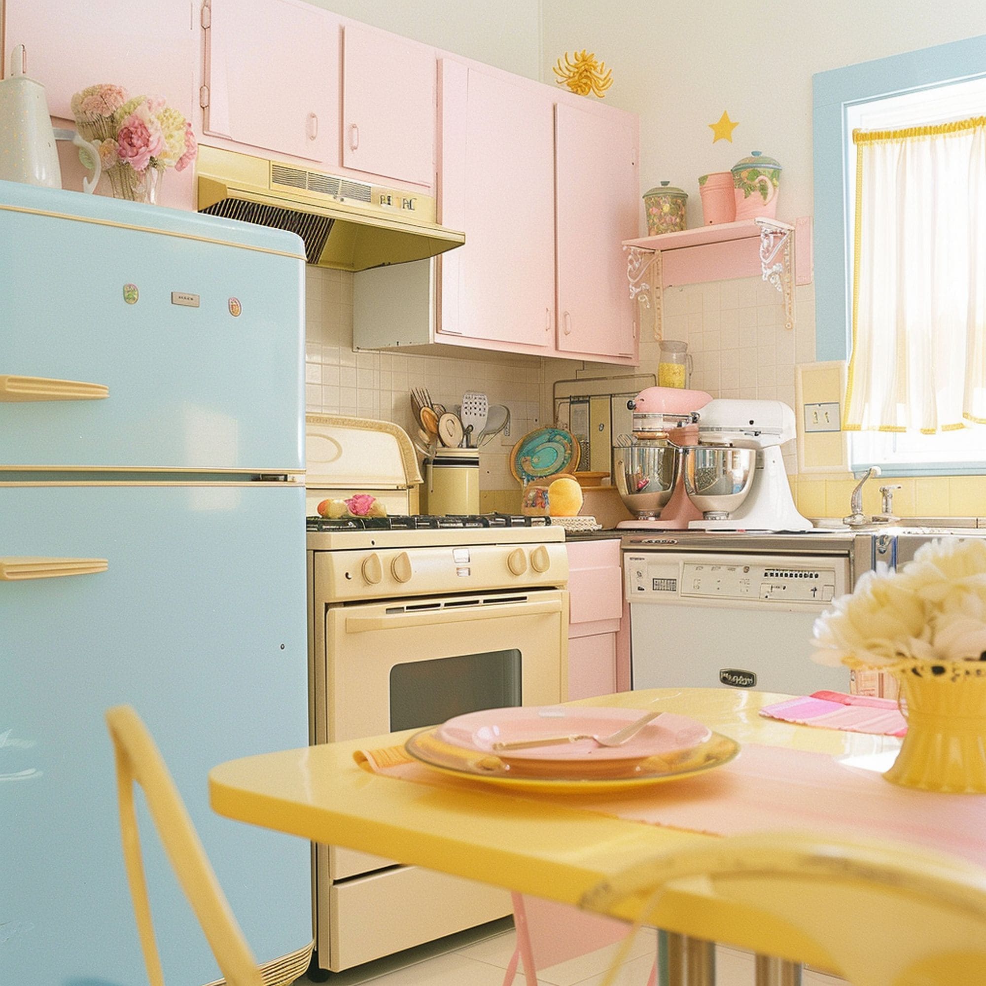 Pastel Blue Pink and Yellow Kitchen