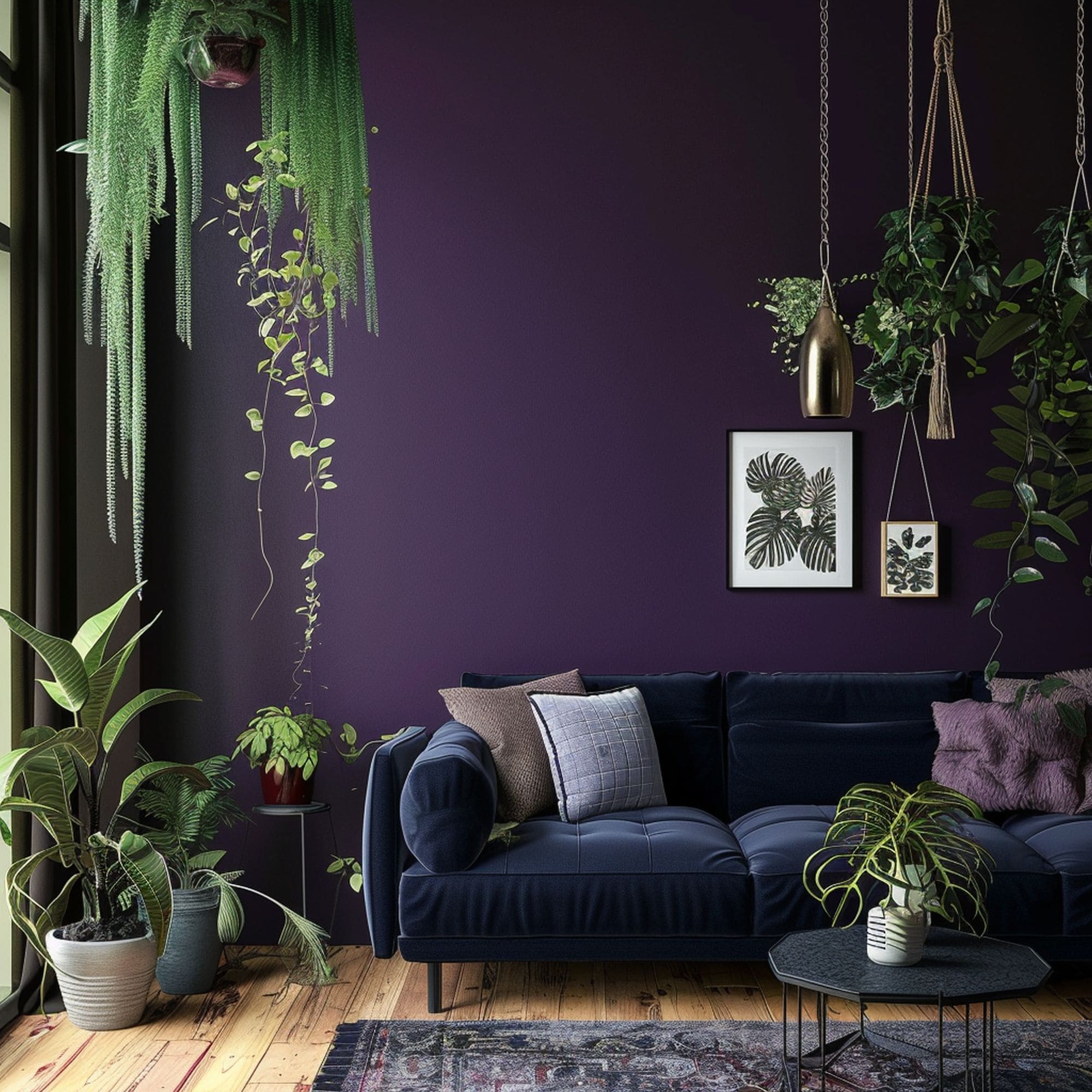 Purple Walls and Navy Blue Couch